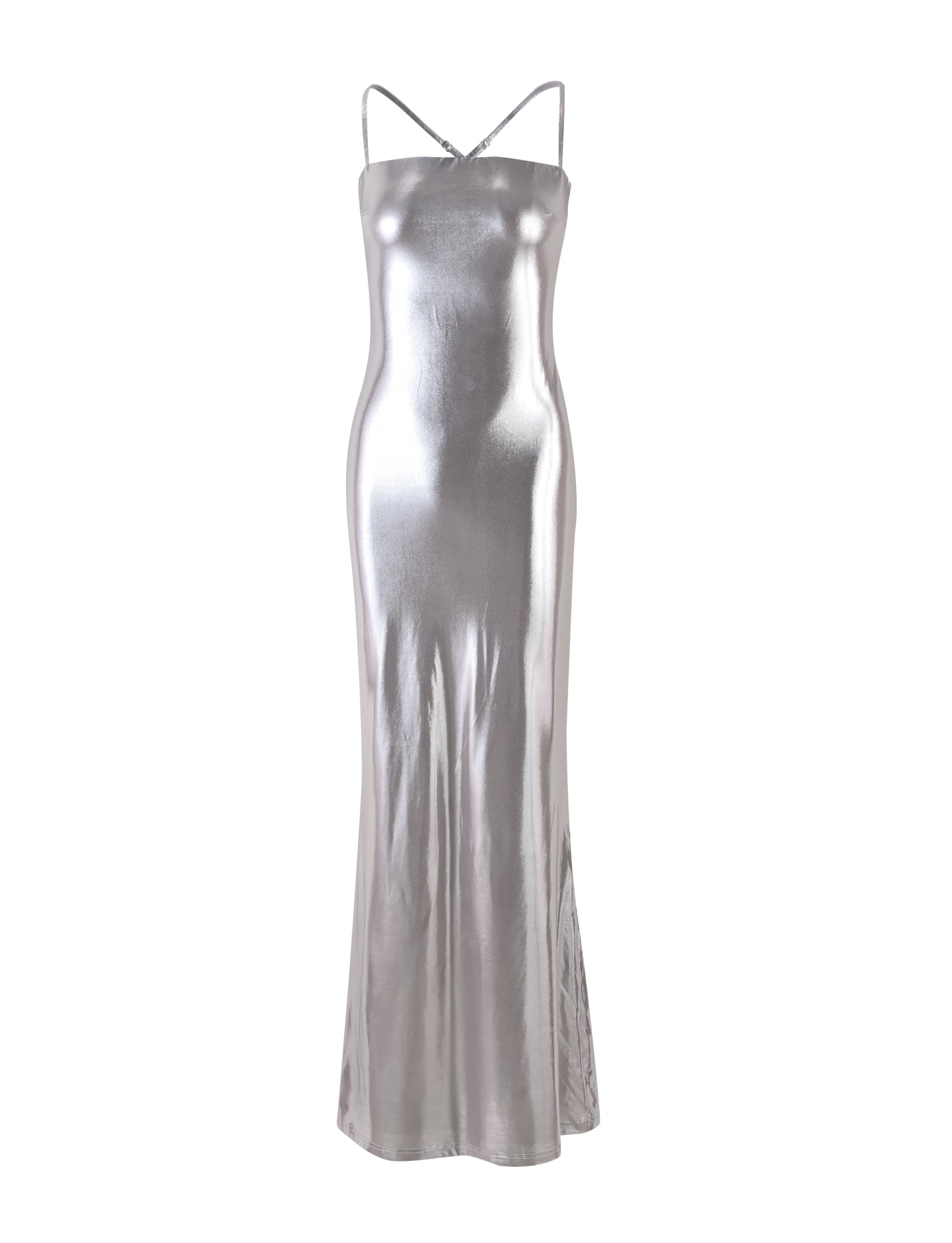Introducing the ELVIA MAXI DRESS from TIGERMIST, a sleek and sophisticated silver metallic floor-length dress. This stunning piece features a fitted bodice and thin spaghetti straps, crafted from smooth grey satin with an elegant sheen that catches the light beautifully.
