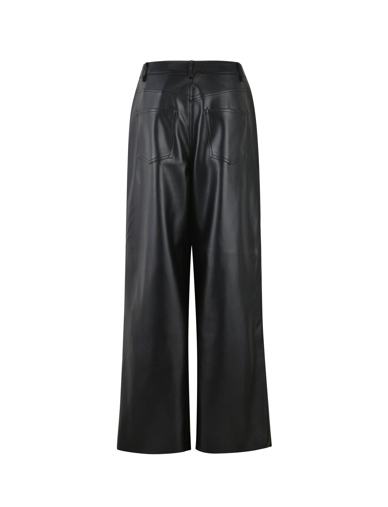 The LELA PANT - BLACK from TIGERMIST features a high-waisted design and back pockets. Crafted from black faux leather with a smooth, matte finish, these wide-leg pants are cropped above the ankles and shown from the rear view.