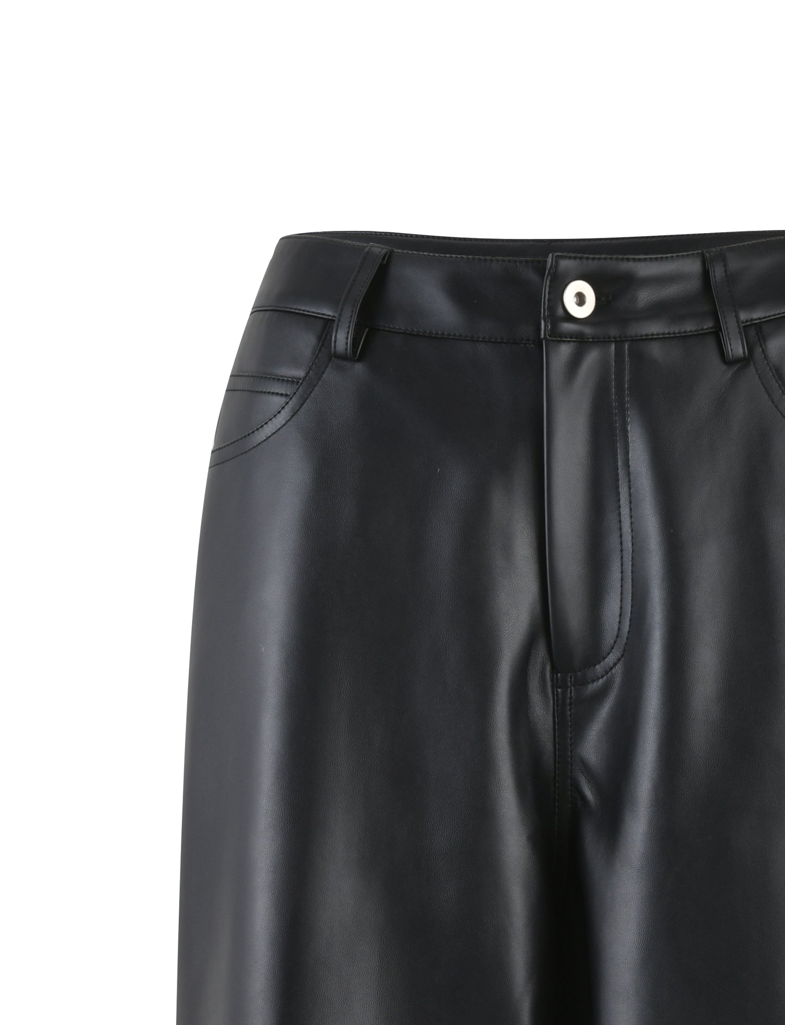 A detailed look at the LELA PANT - BLACK by TIGERMIST, showcasing a front button and zipper closure, belt loops, and prominent stitching accents. The smooth and shiny material includes front pockets on both sides.