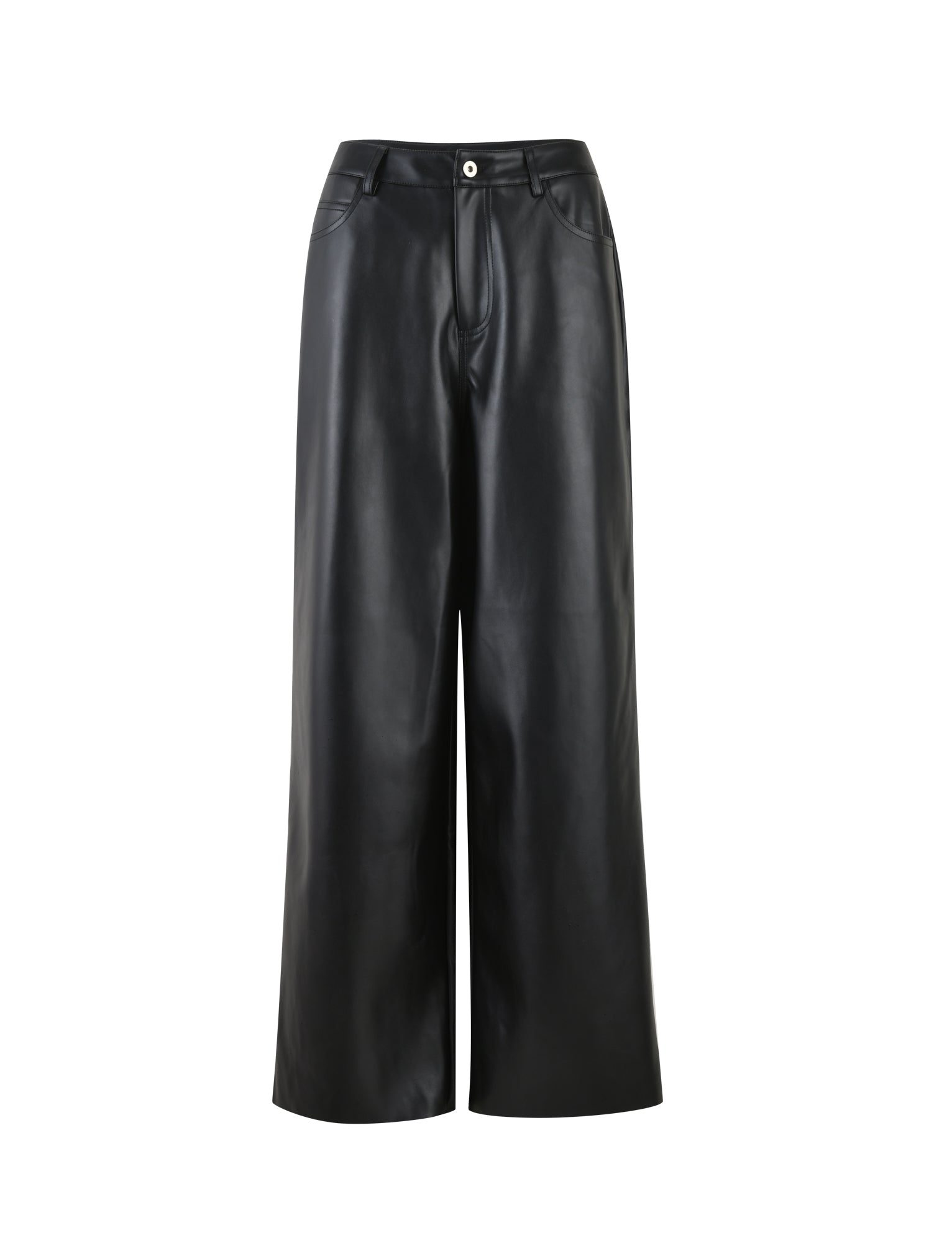 Introducing the LELA PANT - BLACK by TIGERMIST: Sophisticated black leather wide-leg pants with a high waist and front button closure. These chic pants also feature convenient side pockets and a smooth, glossy finish.