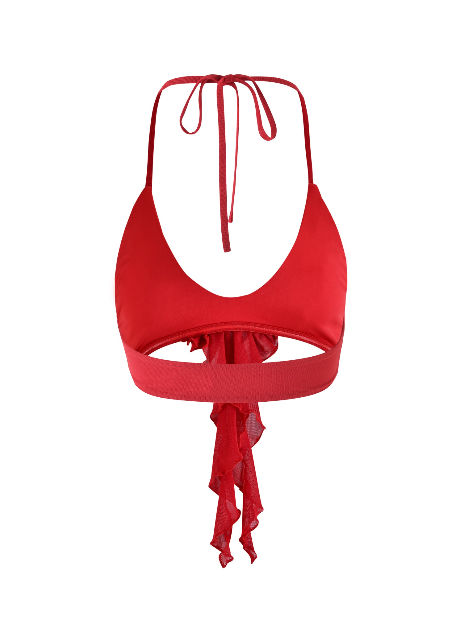The LINETTE TOP - RED from TIGERMIST features thin straps and a deep V-shaped neckline. It has a tie closure at the back and ruffle details at the bottom of the band, with a smooth fabric finish for added comfort and style.