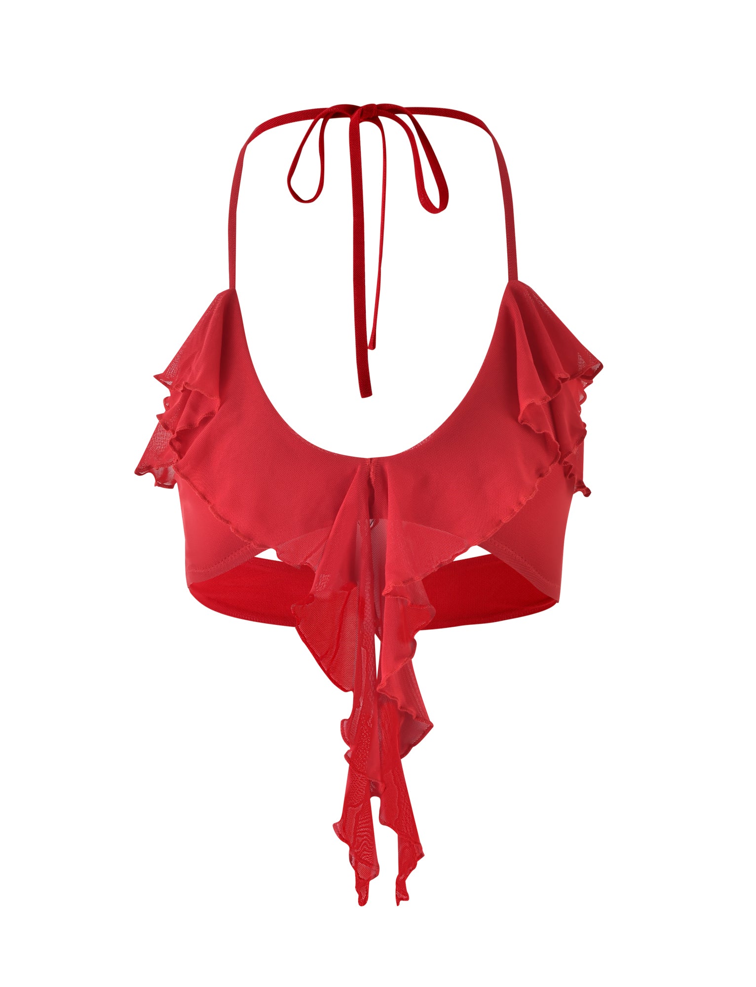 Introducing the LINETTE TOP - RED by TIGERMIST, a stunning red halter top with a deep neckline and ties that fasten at the back of the neck and mid-back. This elegant design features layered ruffles along the neckline and down the back, offering a flowy and sophisticated look.
