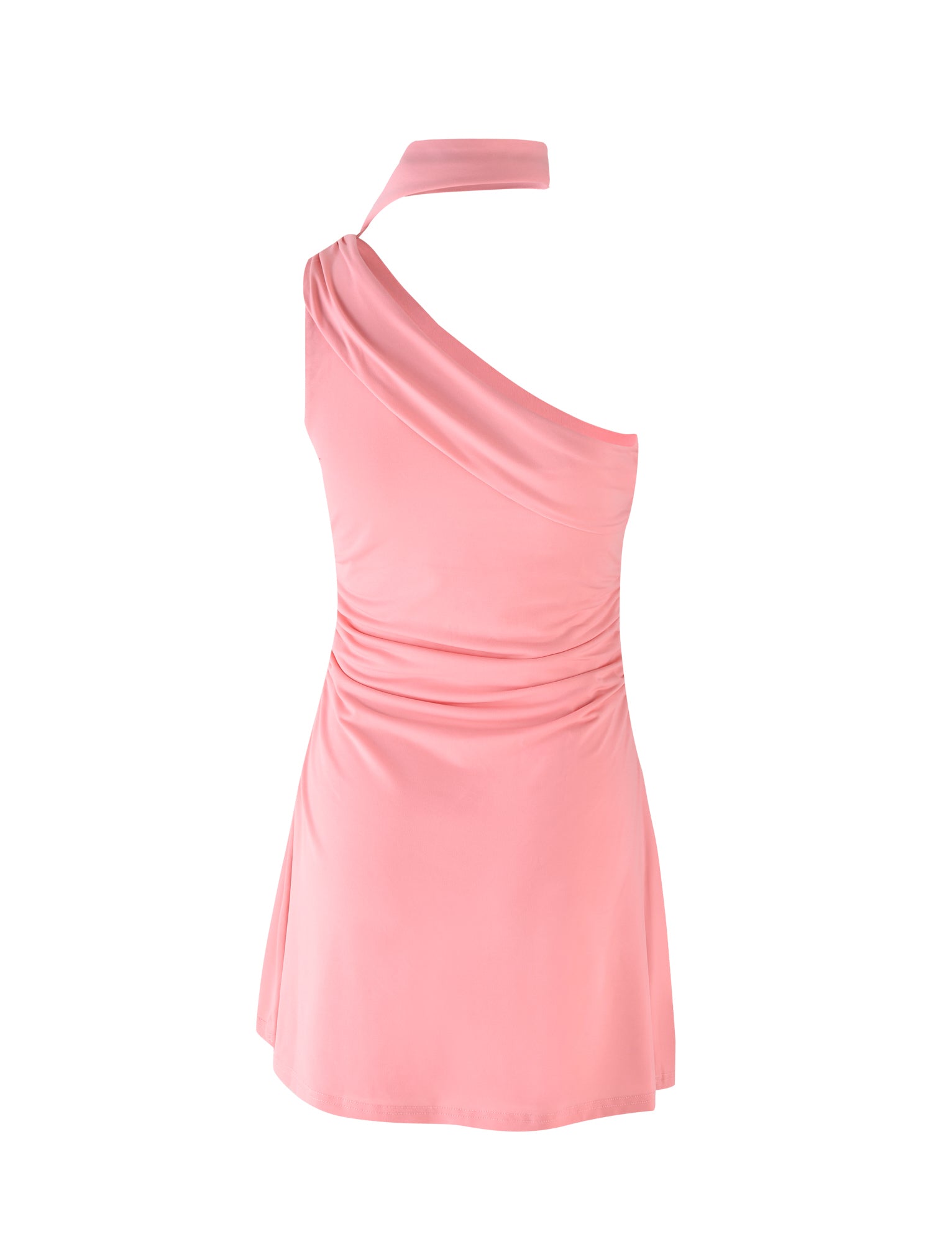 The ALLIRA DRESS - PINK : CORAL PINK from TIGERMIST is a sleeveless, one-shoulder dress featuring a draped design on the top and a fitted waistline. This dress has a short, flowing skirt that falls above the knee. Its smooth and slightly shiny fabric stands out against the plain white background.