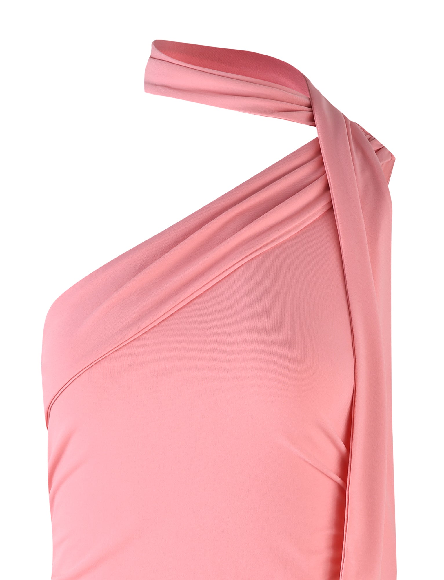 Close-up image of the TIGERMIST ALLIRA DRESS - PINK : CORAL PINK, featuring a one-shoulder design with a draped neckline and clean, elegant lines. The soft, slightly stretchy fabric creates a smooth silhouette, complemented by a stylish strap draped over the shoulder.