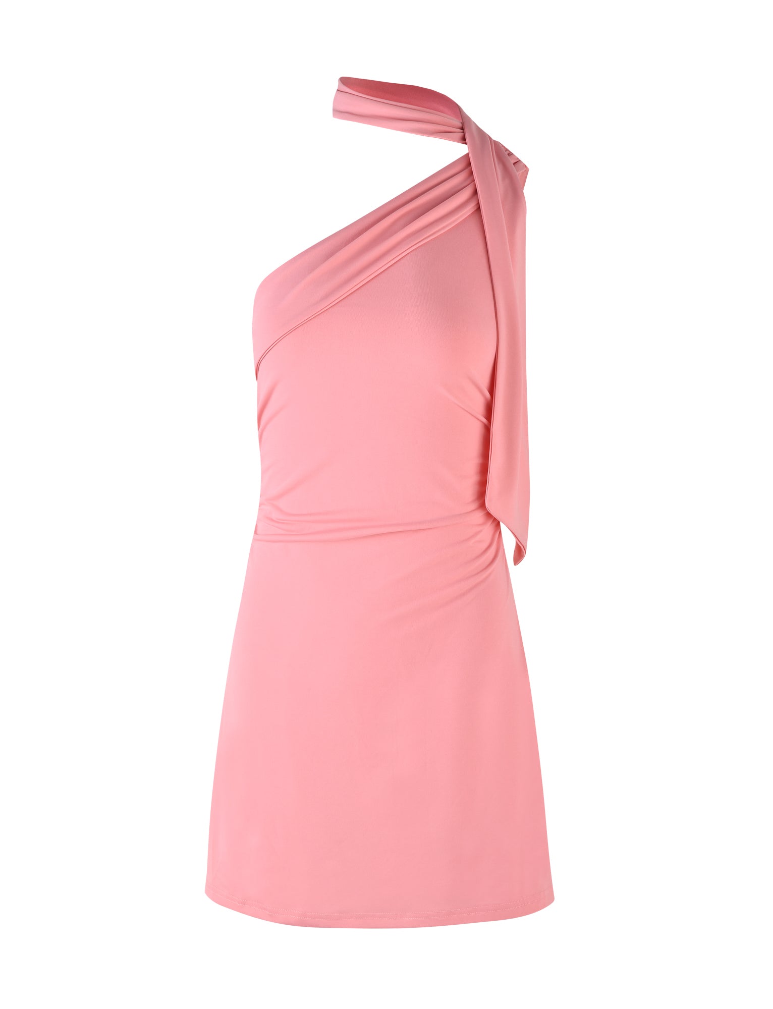 The ALLIRA DRESS - PINK from TIGERMIST features a draped, asymmetrical neckline and a fitted waist. This coral pink, one-shoulder dress is sleeveless on one side, crafted from smooth and stretchy fabric that imparts a sleek and elegant look. The hem falls to mid-thigh length.