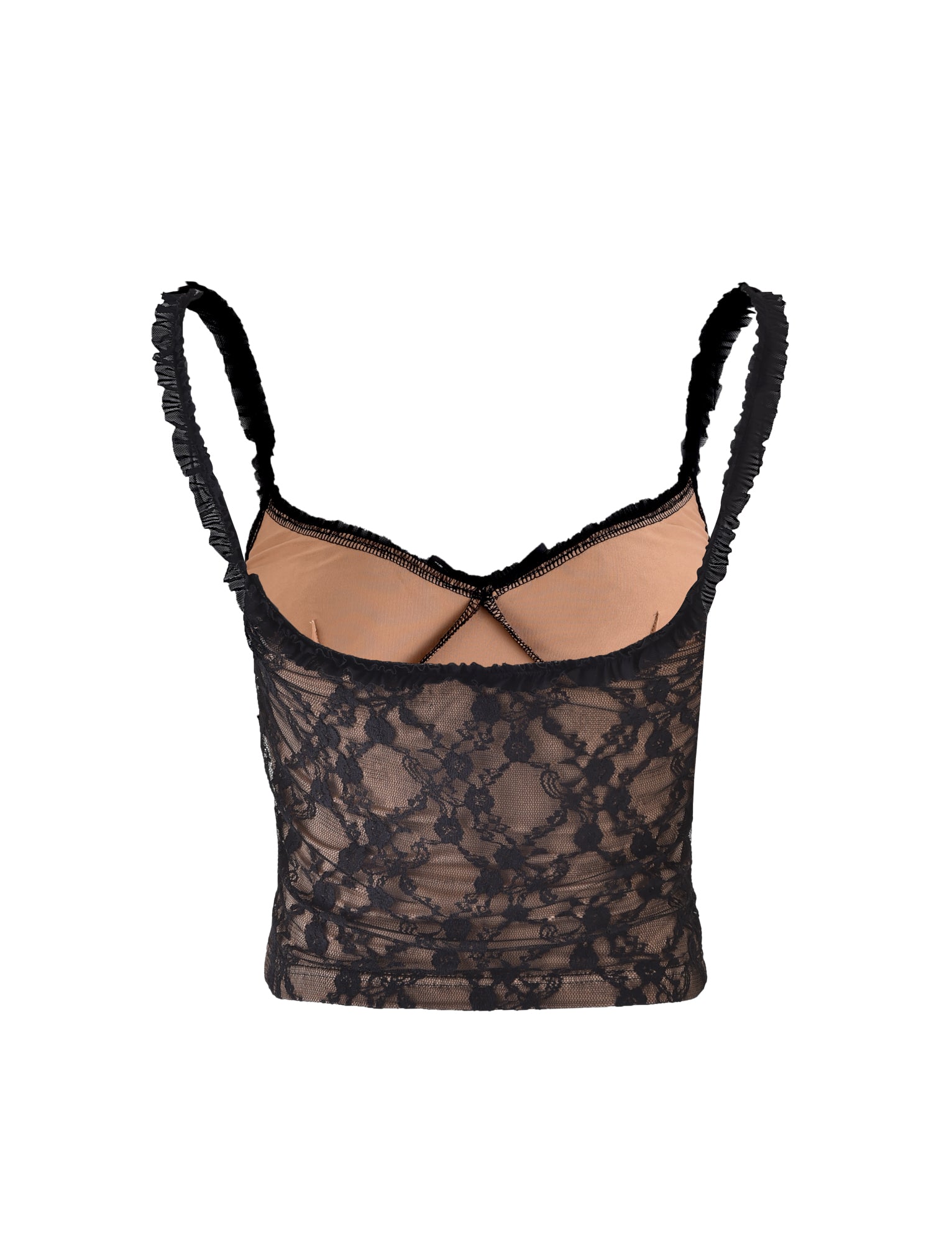 The DEJA TOP - BLACK : LACE by TIGERMIST is a cropped camisole featuring thin straps, a crisscross back design, and a nude lining. The black lace fabric is adorned with a floral pattern. The garment is displayed on a white background.