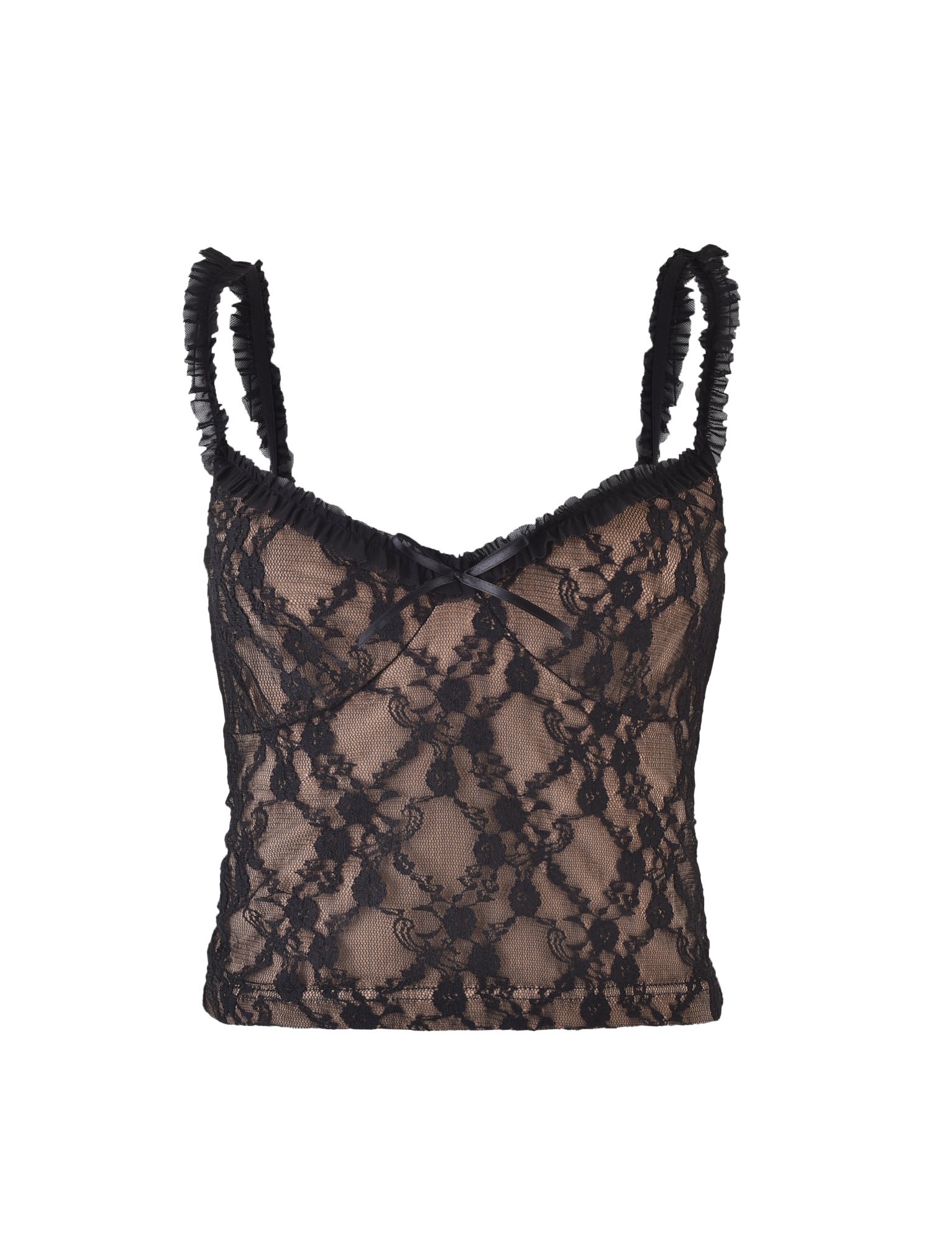 The DEJA TOP - BLACK : LACE from TIGERMIST is a black lace camisole featuring ruffled shoulder straps and a subtle, sheer floral pattern. This fitted, elegant design is finished with a small bow at the neckline.