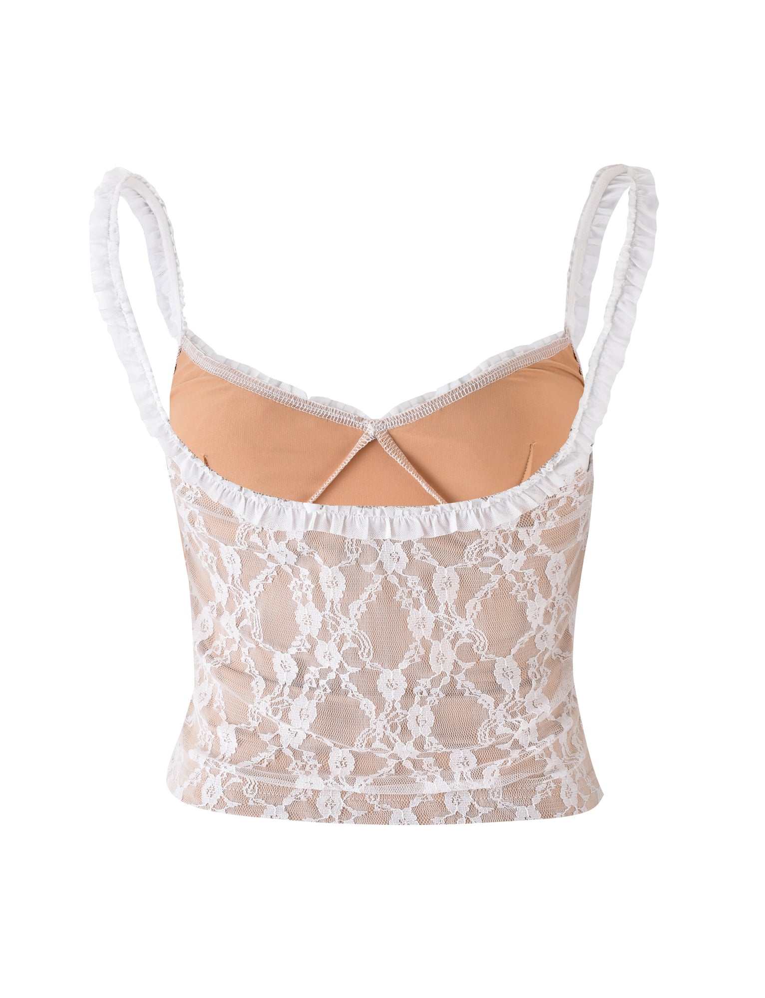 The DEJA TOP - WHITE : LACE by TIGERMIST is a sleeveless crop top with a white lace overlay featuring floral patterns and a beige underlay. It boasts thin, ruffled shoulder straps and a sweetheart neckline, resulting in a delicate and feminine look.
