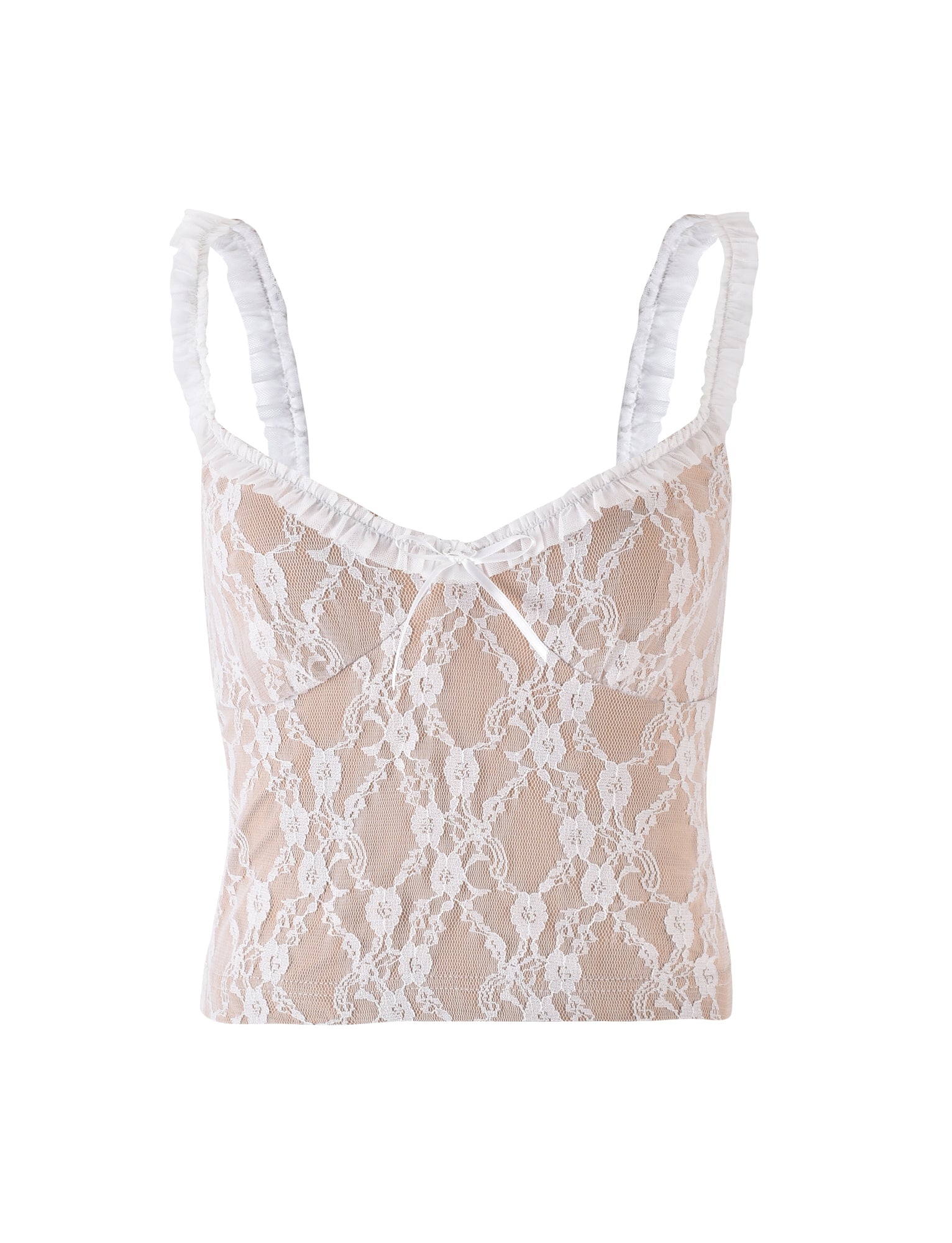 Introducing the DEJA TOP - WHITE : LACE from TIGERMIST, a white lace camisole adorned with ruffled straps and a delicate bow at the center. The floral-patterned lace adds a touch of elegance to this fitted garment, set against a plain white backdrop.