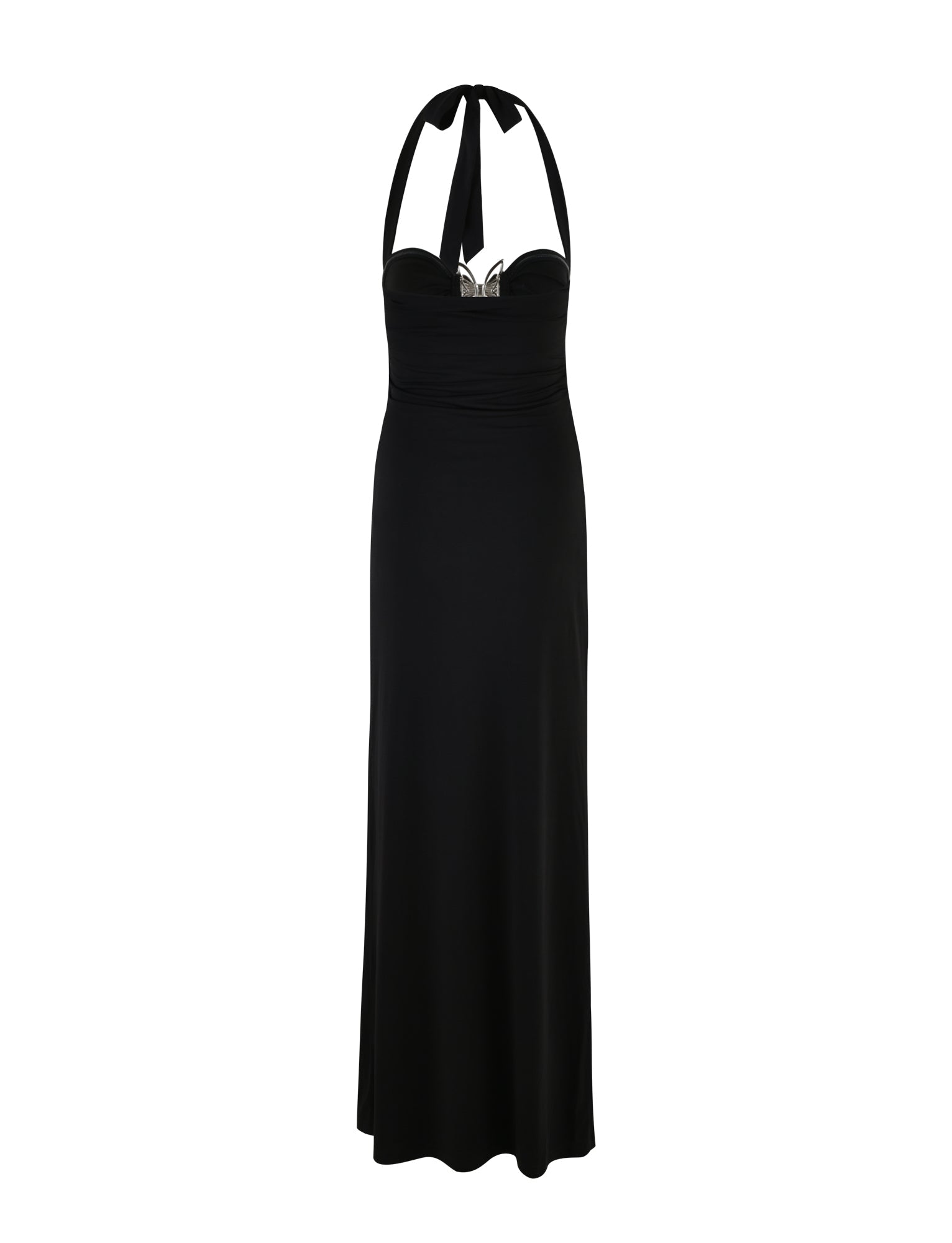 The Coraline Dress - Black by Tigermist is a full-length halter-neck dress with a sweetheart neckline. It features a ruched bodice that seamlessly transitions into a smooth, straight skirt, creating an elegant and sophisticated look ideal for formal occasions.