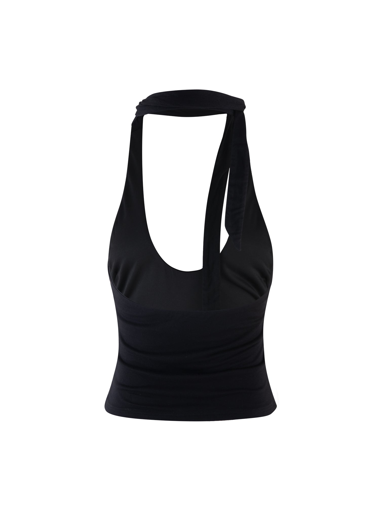 The ALEEN TOP - BLACK from the TIGERMIST collection features a plunging neckline and a tie-around neck strap. The fitted and sleek black fabric creates a slightly ruched appearance at the waist, showcased against a white background.
