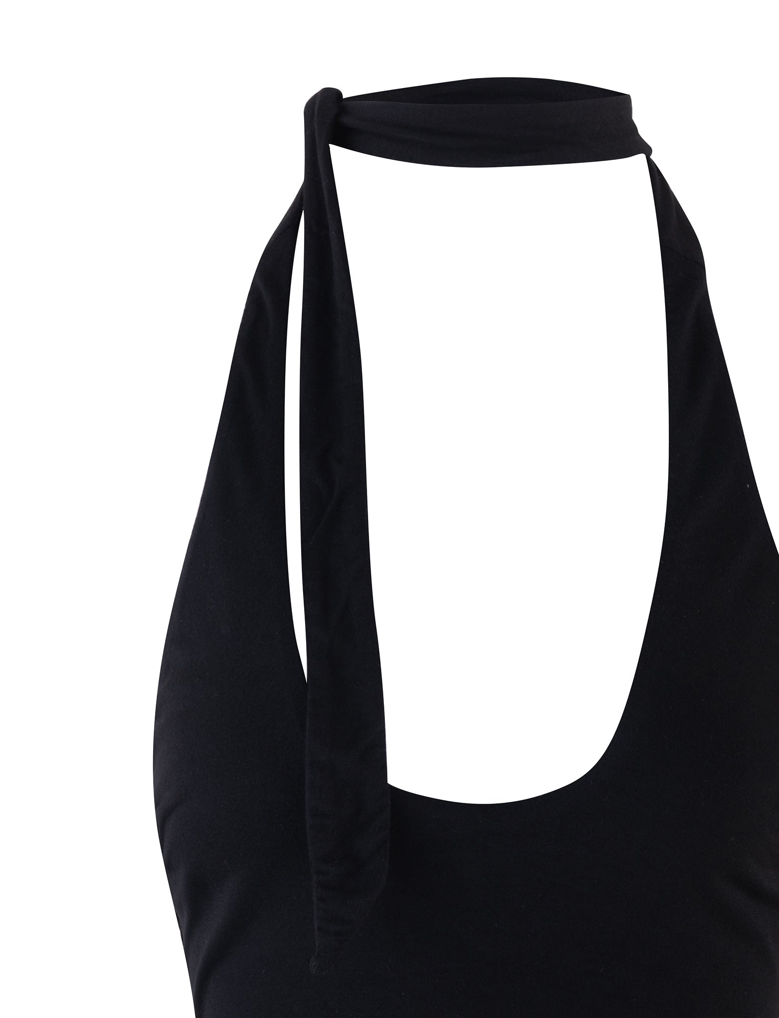 Close-up of the ALEEN TOP - BLACK from TIGERMIST. The top features a strap that ties around the neck, creating a chic halter style. The fabric appears smooth, and the neckline is a low scoop, revealing the shoulders. The background is plain white.