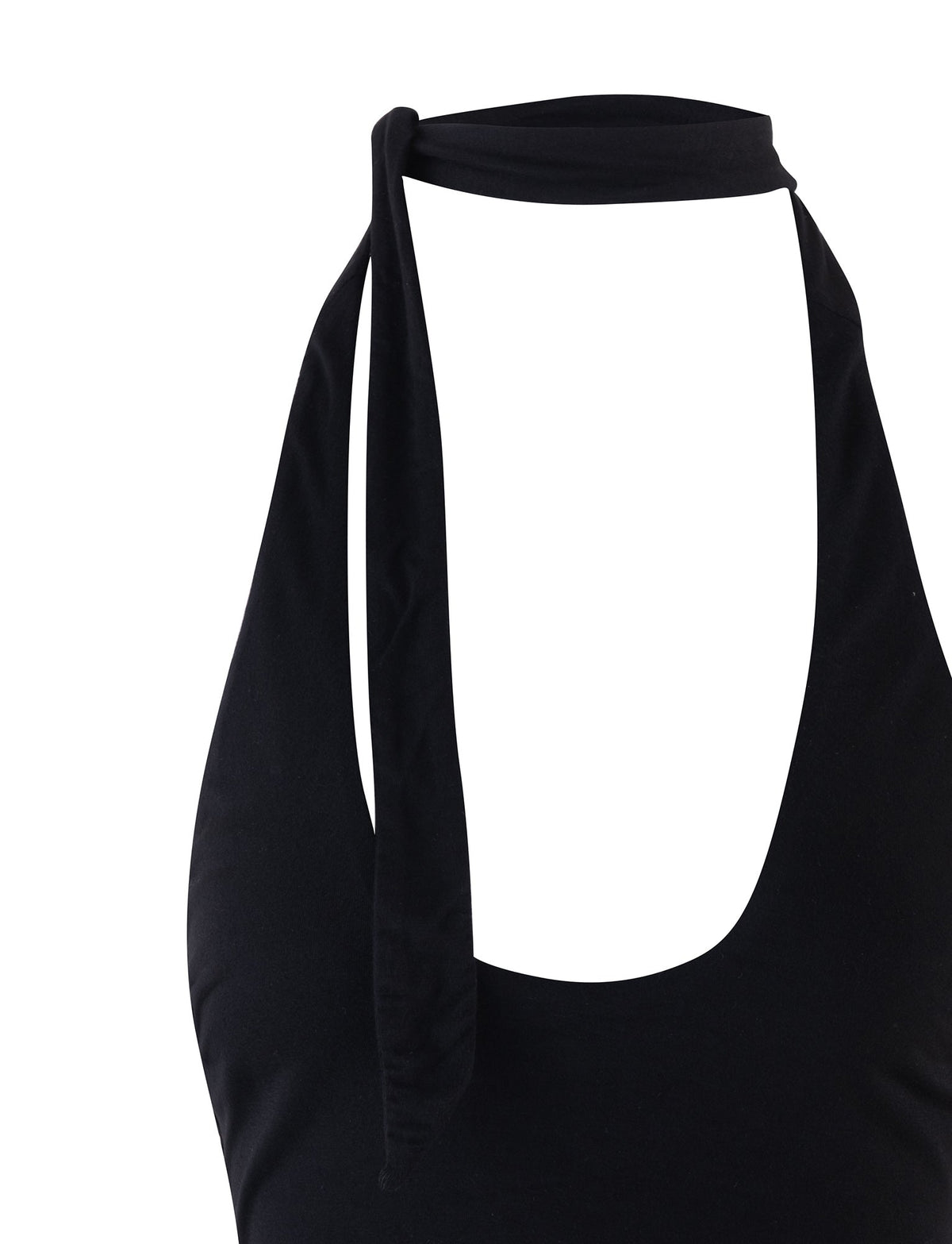 Close-up of the ALEEN TOP - BLACK from TIGERMIST. The top features a strap that ties around the neck, creating a chic halter style. The fabric appears smooth, and the neckline is a low scoop, revealing the shoulders. The background is plain white.