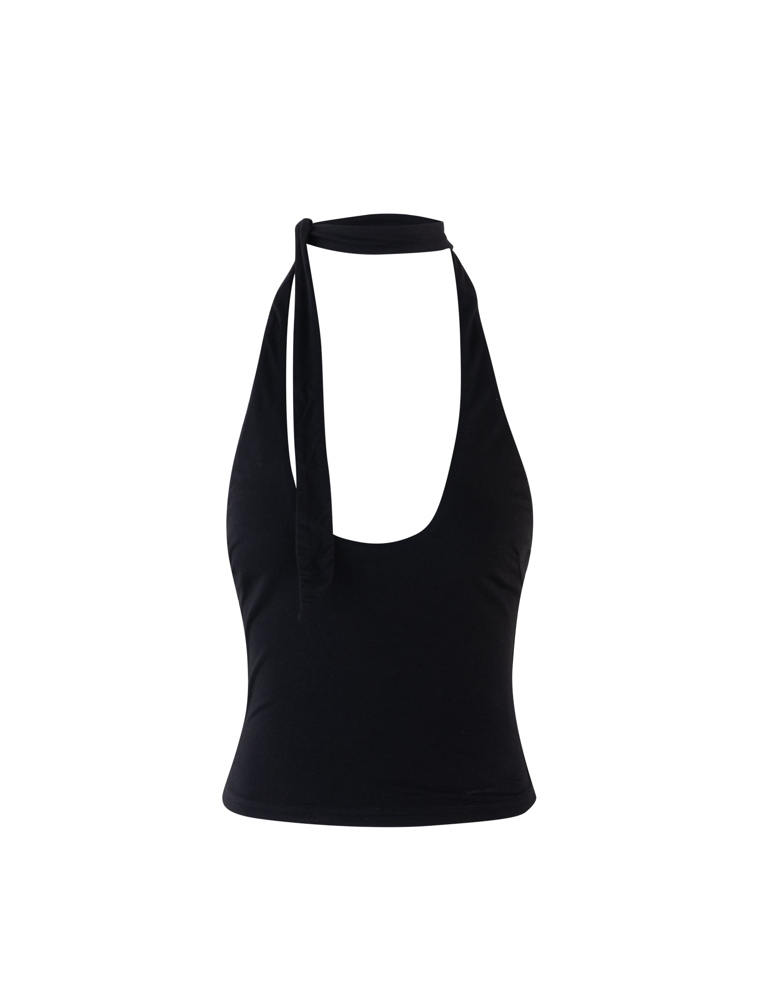 The ALEEN TOP - BLACK from TIGERMIST is a black halter top with a deep scoop neckline. It features a strap that ties around the neck, leaving the shoulders exposed. Made from soft and stretchy fabric, it fits snugly against the body for a simple and sleek design.