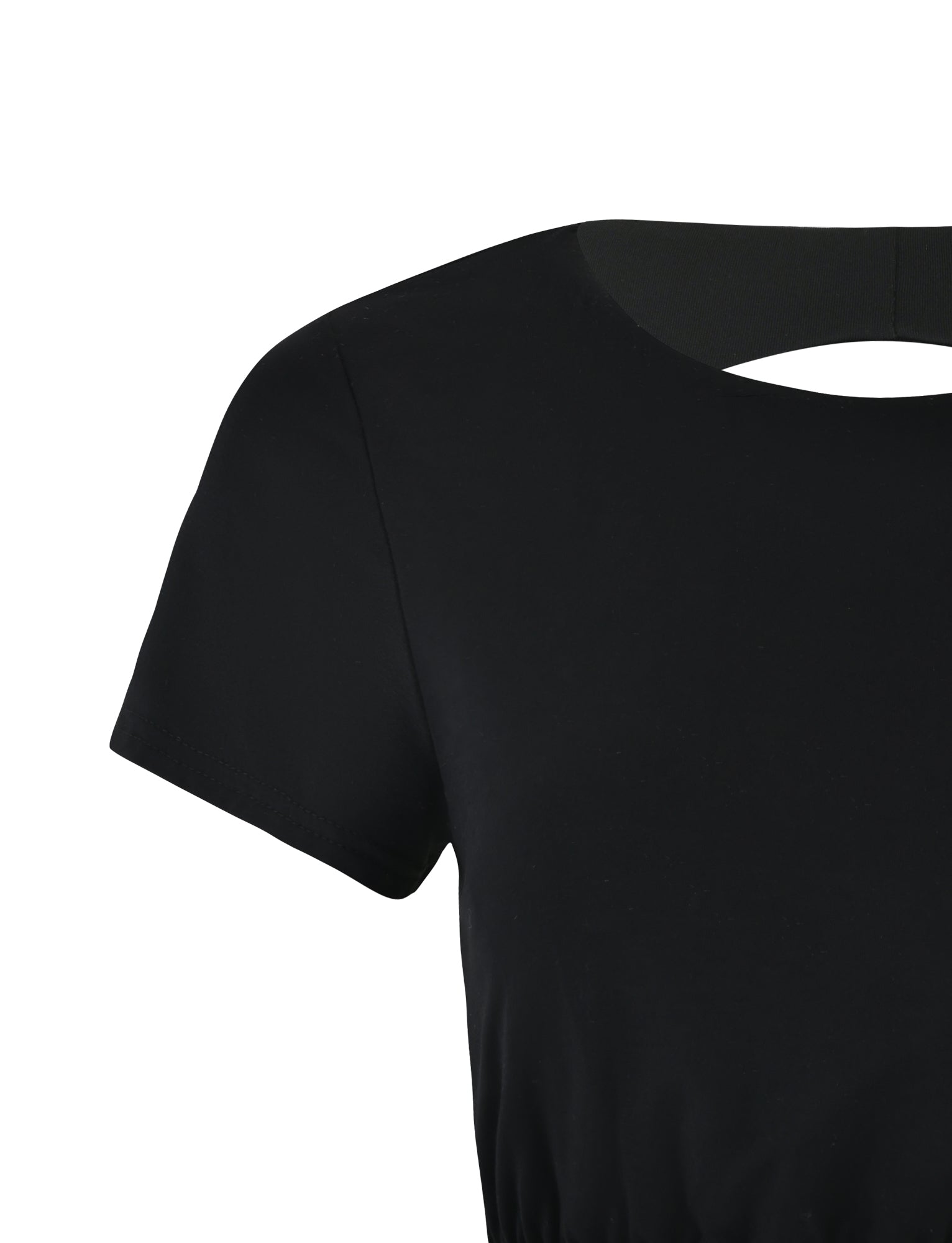 Close-up of the HADLEY TOP - BLACK by TIGERMIST, showcasing its short sleeves and round neckline. The fabric looks smooth, exuding a simple and elegant design. The image captures part of the left sleeve and shoulder of the top.