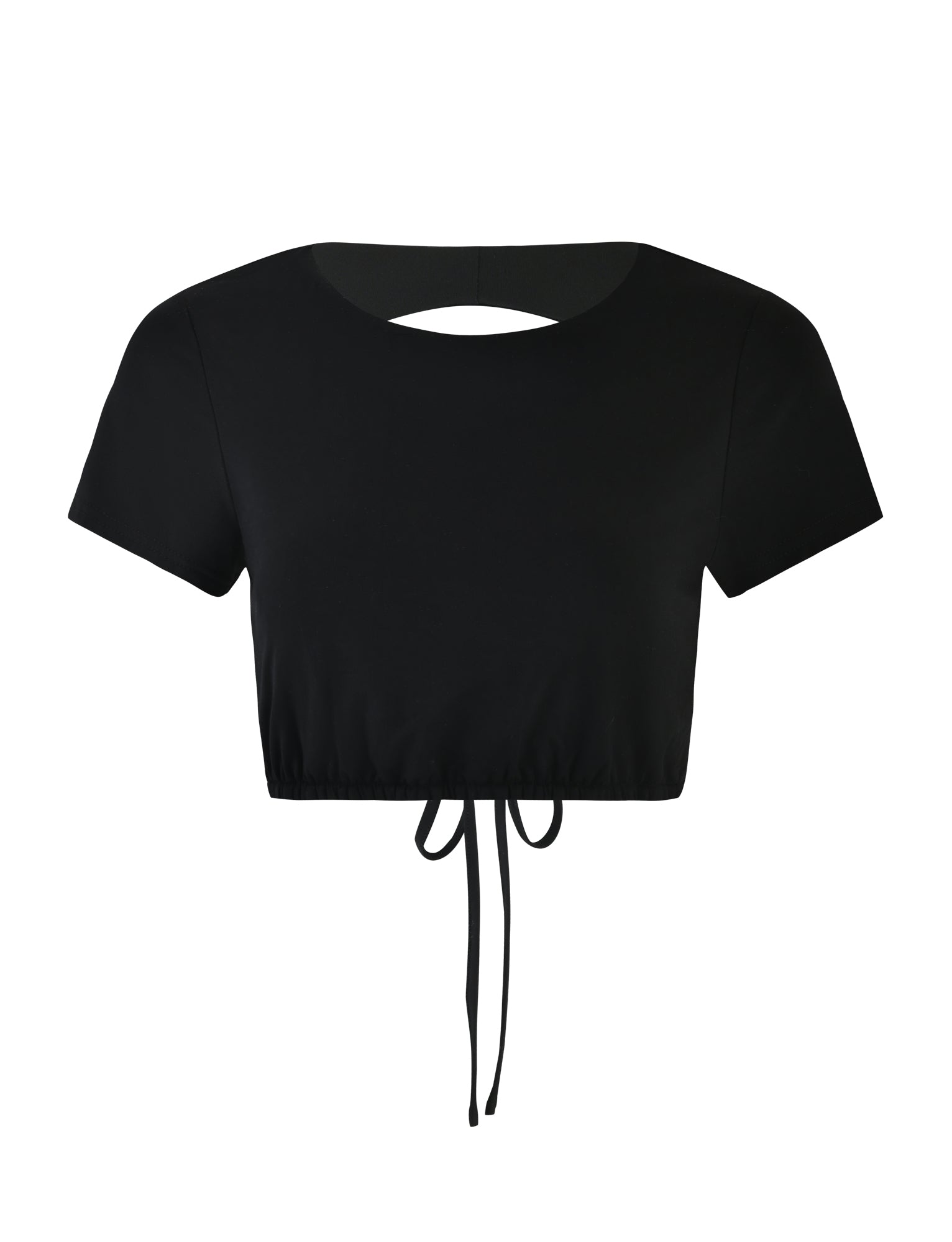 Introducing the HADLEY TOP - BLACK by TIGERMIST: a stylish black cropped top featuring short sleeves and a rounded neckline. This unique piece boasts a keyhole cutout at the back just below the neckline and is elegantly cinched at the waist with two ties that hang down at the front.