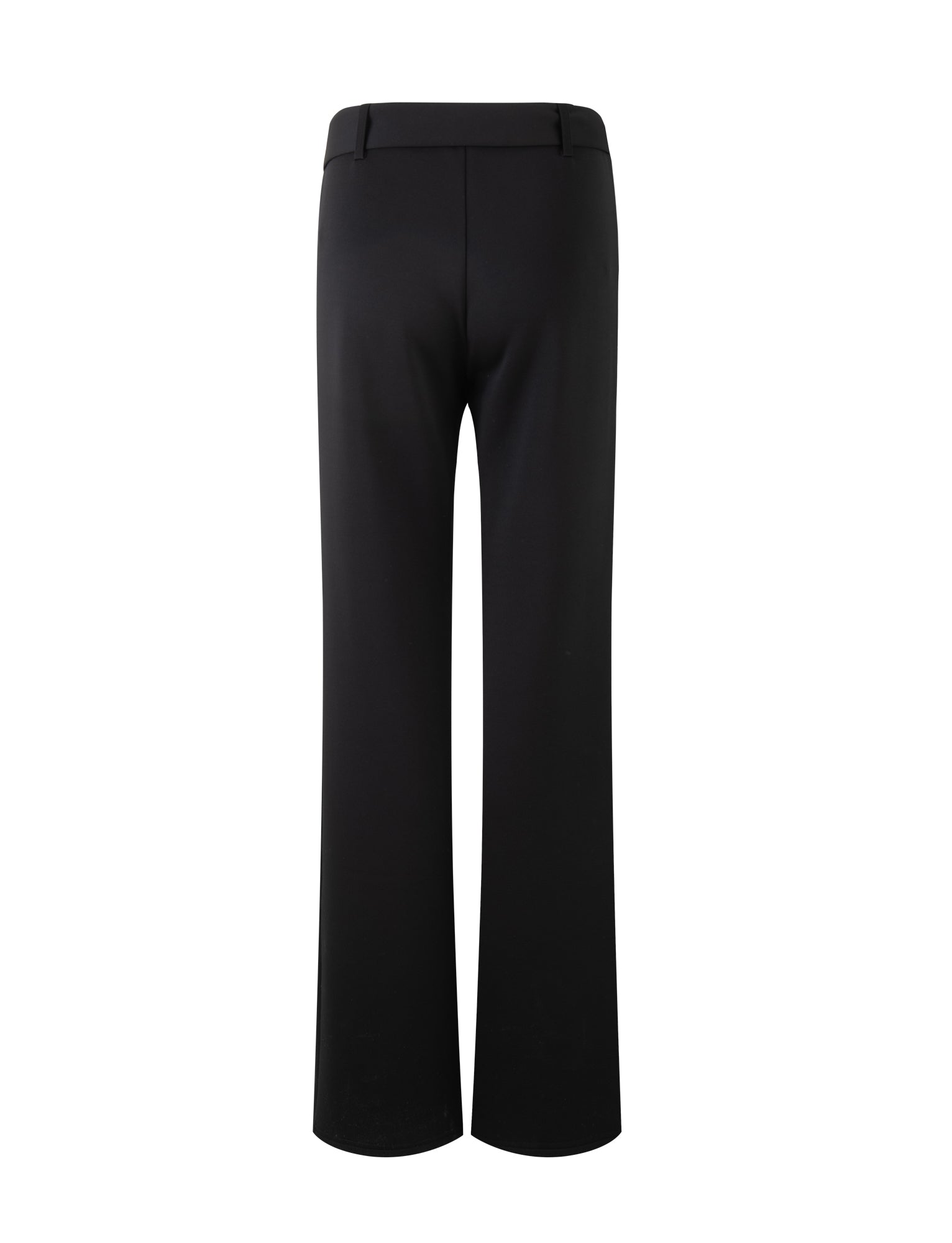 The image showcases the back view of the HADLEY PANT - BLACK from TIGERMIST. These high-waisted, wide-leg pants have a smooth finish and include belt loops at the waistband. The legs fall straight down with a relaxed, flowing fit, and there are no visible pockets or decorations.