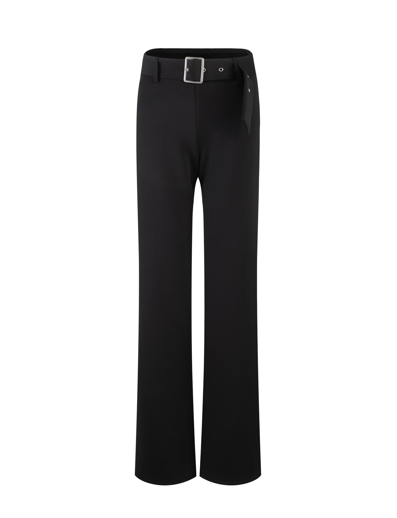 The HADLEY PANT - BLACK by TIGERMIST is a stylish pair of black high-waisted trousers featuring a wide leg cut. These trousers come with decorative belt loops and a matching black belt adorned with a silver buckle. The fabric is smooth and slightly stretchy, ensuring a tailored yet comfortable fit.
