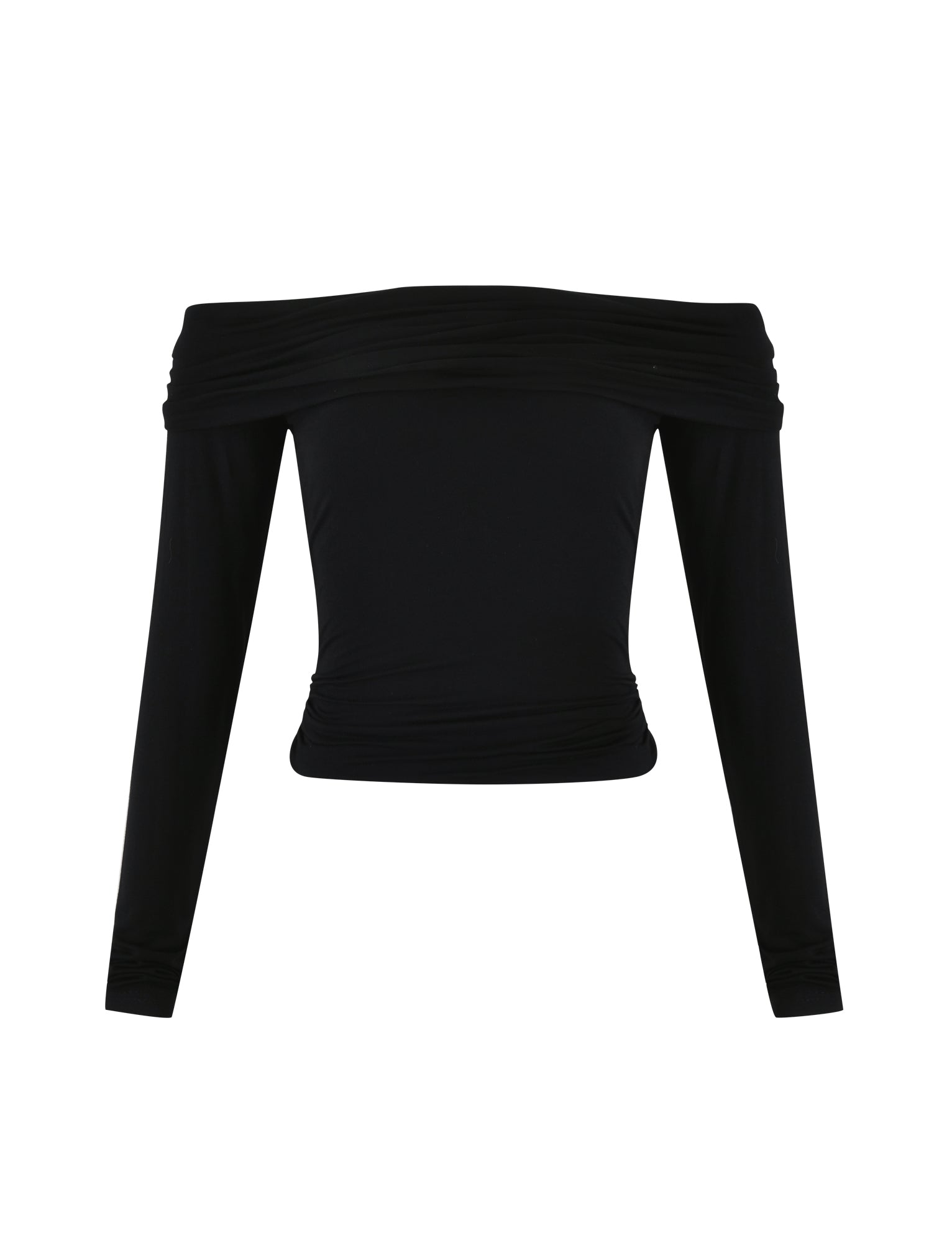 The INDIANA TOP - BLACK from TIGERMIST is a chic off-the-shoulder top featuring long sleeves and a fitted design. The stretchy fabric ensures a snug fit around the torso and arms, while the softly draping neckline creates an elegant look across the shoulders.