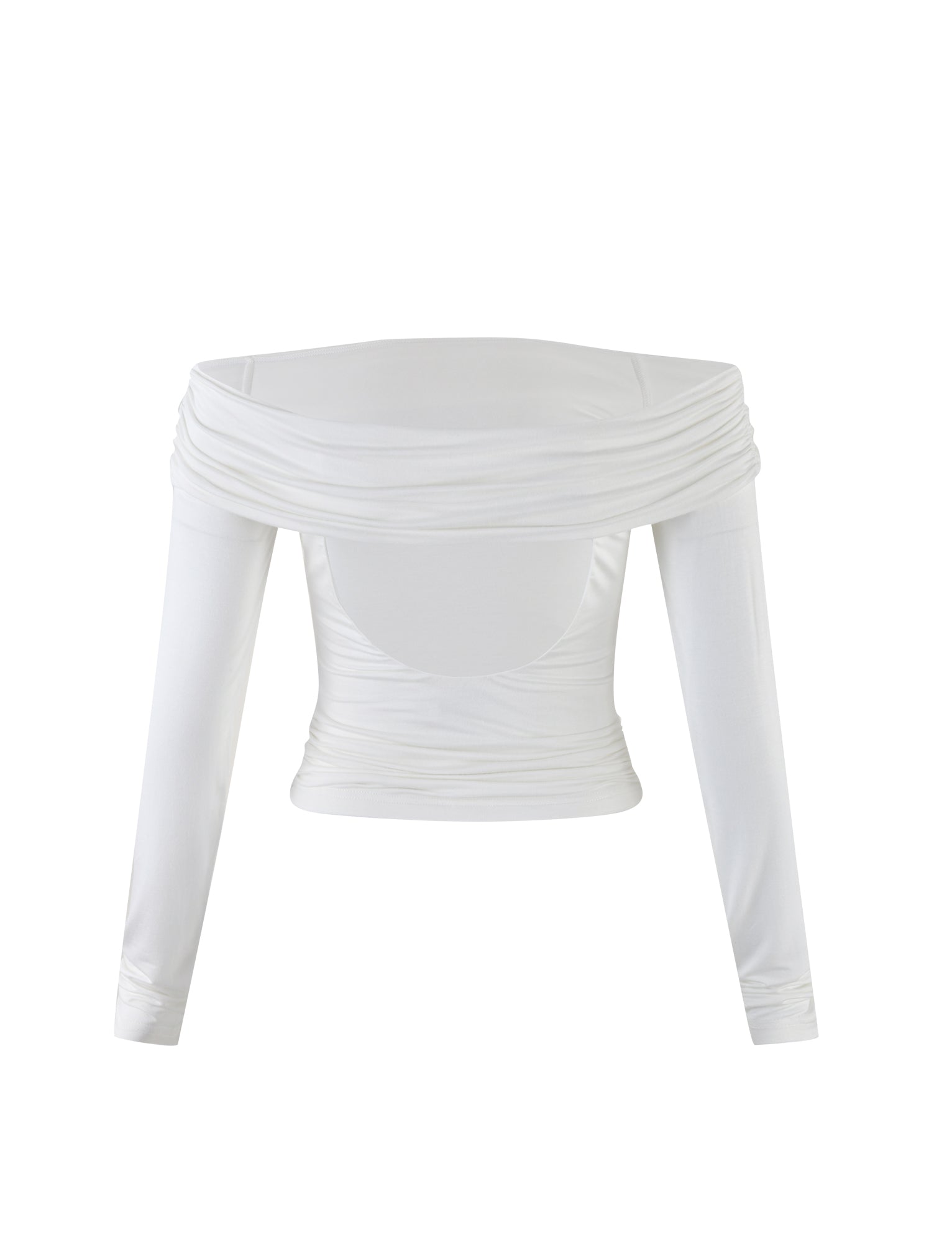 The INDIANA TOP - WHITE by TIGERMIST is a white, long-sleeved, off-the-shoulder top featuring a gathered, draped design across the chest and shoulders. The fitted fabric around the torso creates a stylish and elegant look.
