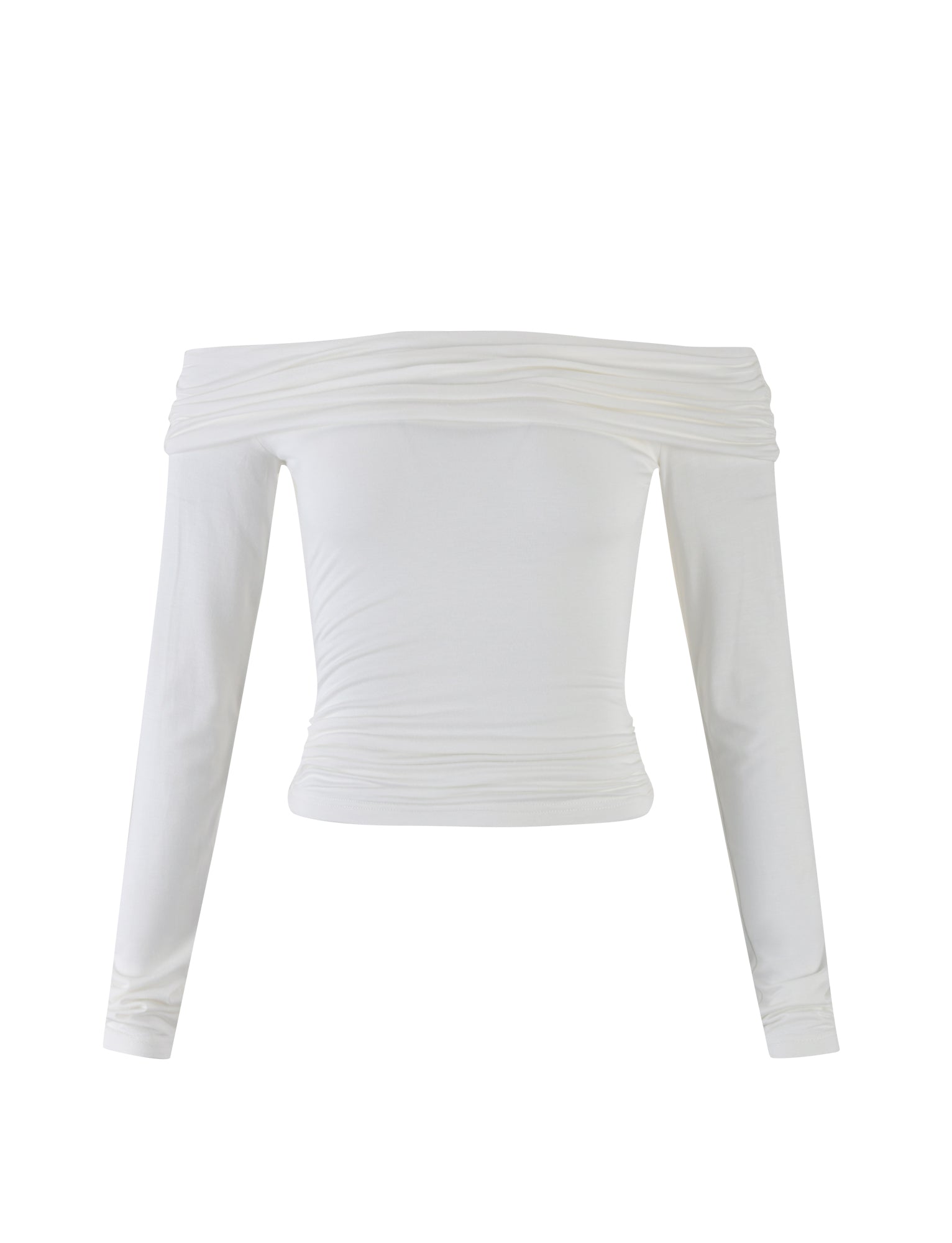 The INDIANA TOP - WHITE by TIGERMIST is an off-the-shoulder, long-sleeve top featuring a ruched design around the neckline and bottom hem for a gathered effect. The soft and stretchy fabric offers a comfortable yet elegant style.