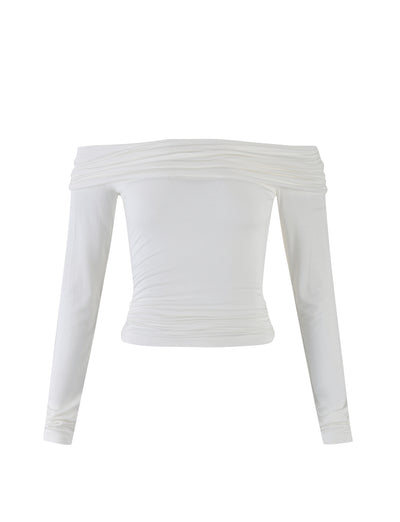 The INDIANA TOP - WHITE by TIGERMIST is an off-the-shoulder, long-sleeve top featuring a ruched design around the neckline and bottom hem for a gathered effect. The soft and stretchy fabric offers a comfortable yet elegant style.