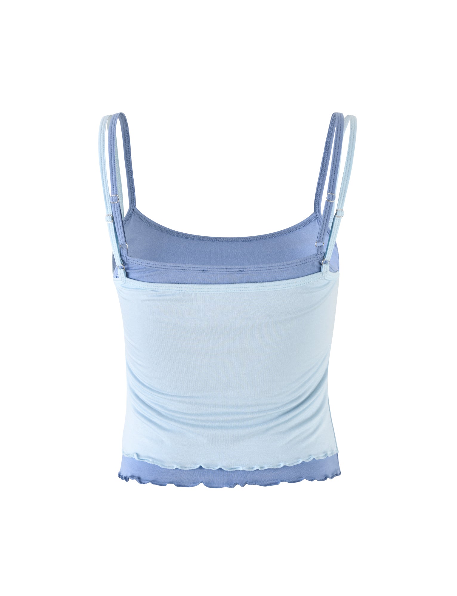 The ADAIR TOP - BLUE from TIGERMIST is neatly folded. This light blue spaghetti strap tank top features double straps and a slightly ruffled hem, adding a delicate touch to the casual, fitted garment. Made from soft and stretchy fabric, it offers a comfortable yet stylish look.