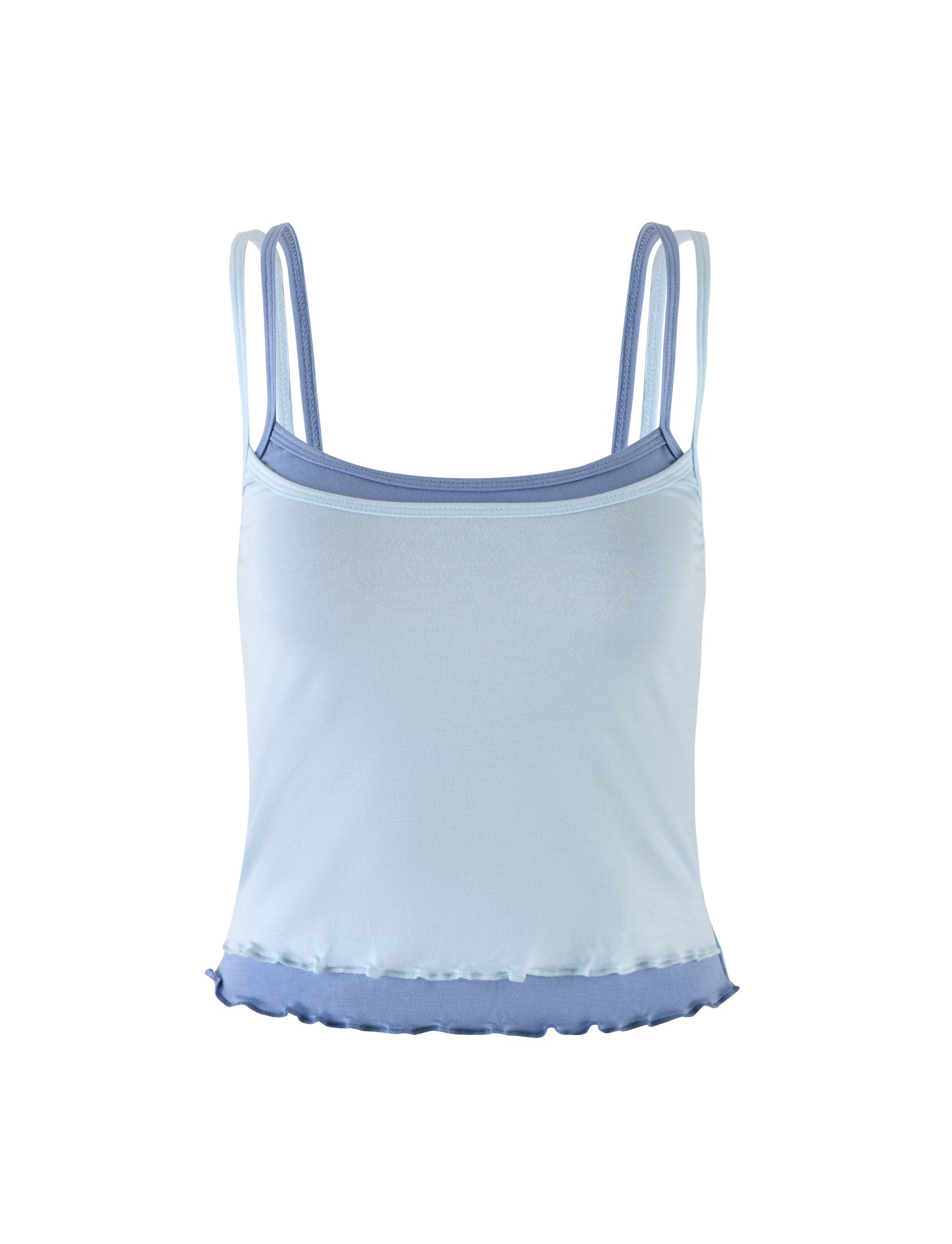 The ADAIR TOP - BLUE from TIGERMIST is a light blue spaghetti strap tank top, featuring double straps on each side. This slightly fitted design includes a light purple trim along the neckline and hemline, crafted from soft, lightweight fabric with a small ruffle detail at the bottom edge.