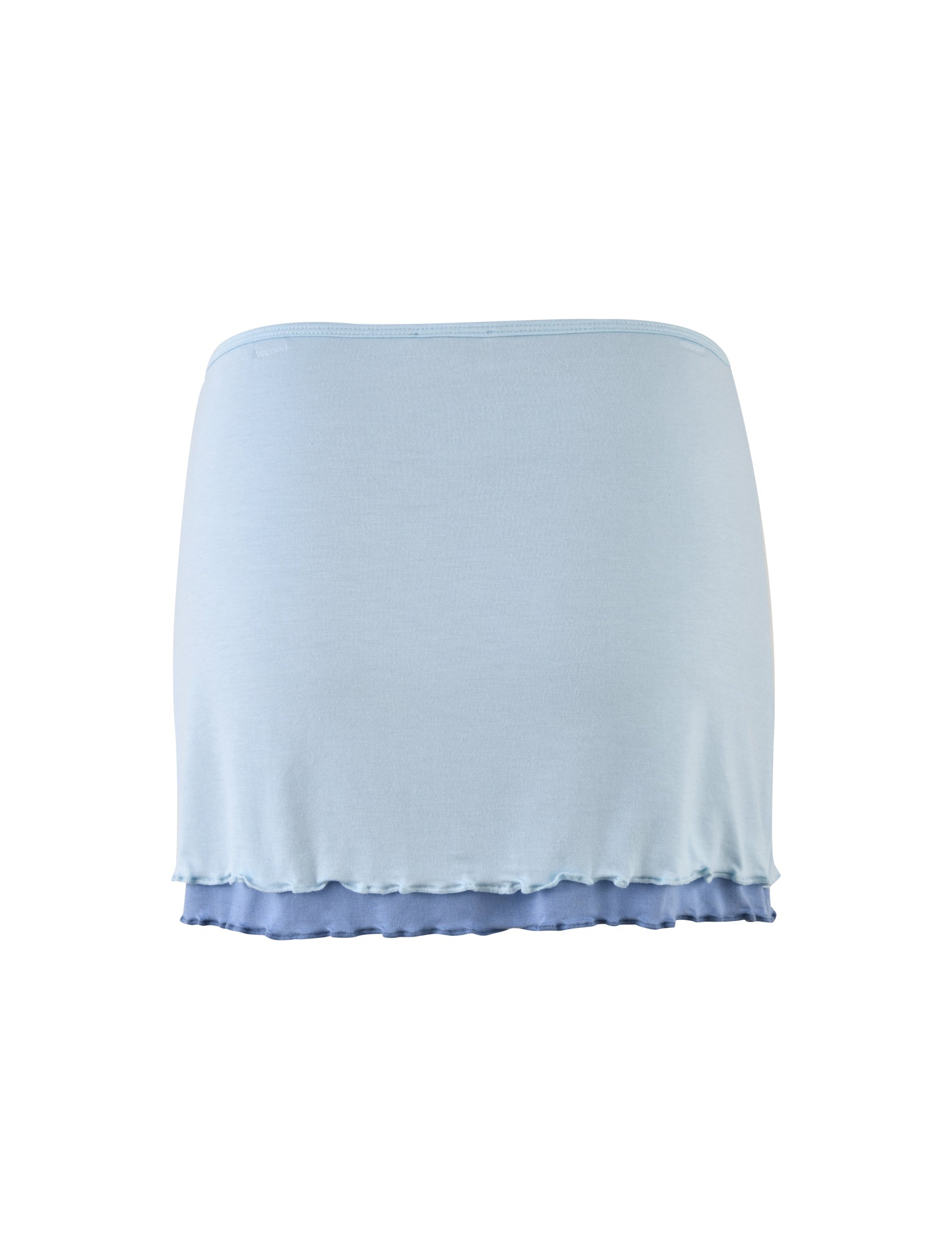 A stunning light blue tube top from TIGERMIST, showcasing a slightly ruffled hem with a darker blue layer subtly peeking out from underneath. The soft and stretchy fabric is beautifully displayed against a plain white background, perfectly highlighting the ADAIR SKIRT - BLUE.