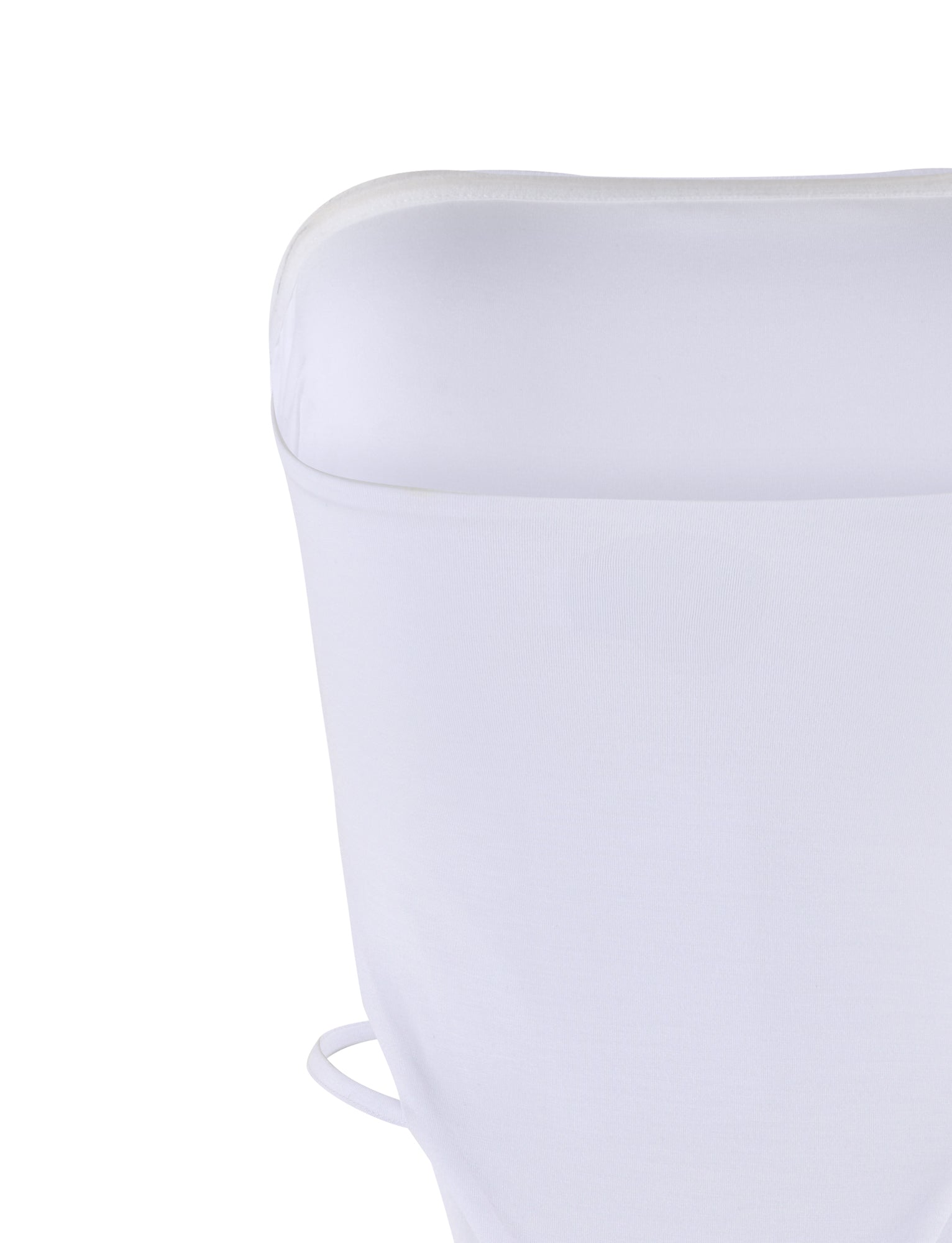 Close-up of the backrest of a white chair adorned with a white fabric cover. The cover fits snugly around the top and curves slightly towards the back, showcasing ties on the sides near the bottom. The chair's structure remains simple and elegant, subtly reflecting TigerMist's signature style akin to their FINIAN BODYSUIT - WHITE.