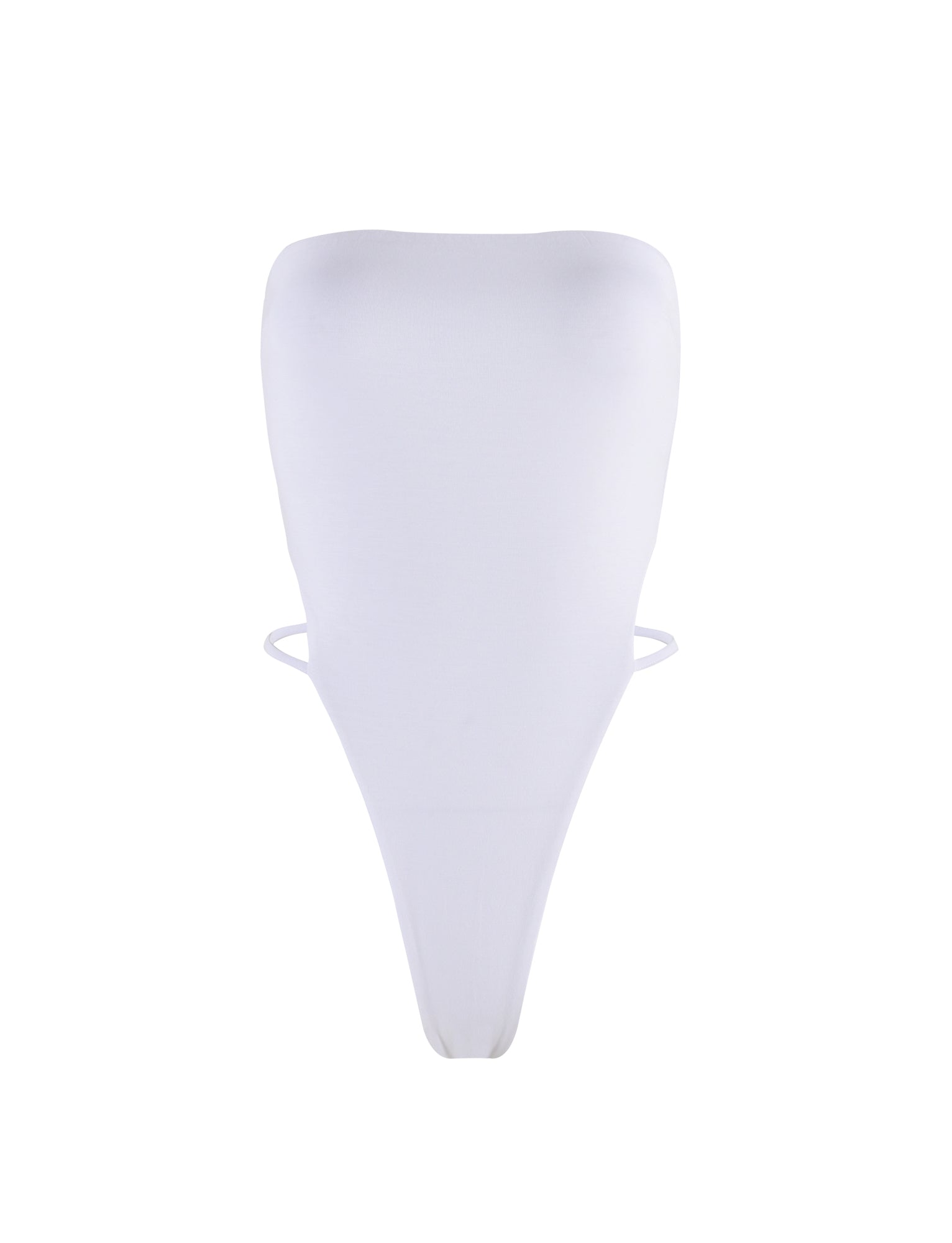 The FINIAN BODYSUIT - WHITE from TIGERMIST is a white, strapless bodysuit with a high-cut leg design. This minimalist piece features smooth fabric for a sleek and seamless look, while two thin side strings provide added support and structure.