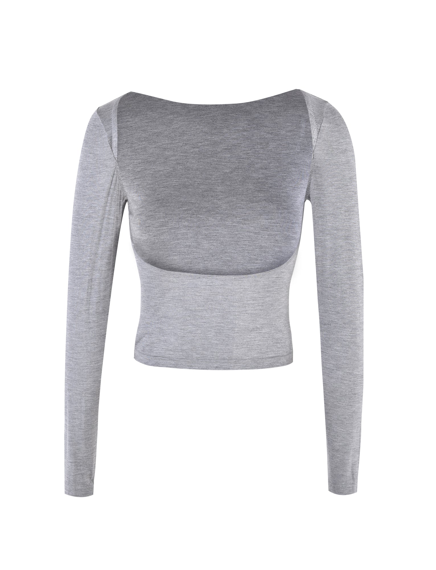 The QUINNELL TOP - GREY by TIGERMIST is a gray, long-sleeve crop top featuring a boat neckline. The front view reveals a soft, slightly stretchy fabric that offers a fitted silhouette.