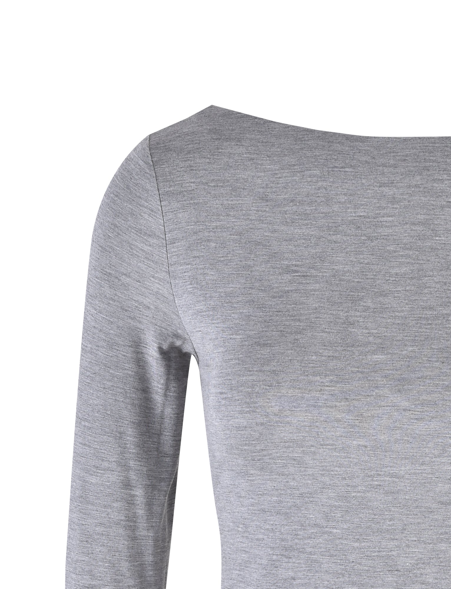A close-up view of the TIGERMIST QUINNELL TOP in grey. The image captures the shoulder, sleeve, and upper torso of the garment, showcasing its smooth fabric texture and simple, minimalist design. The material appears to be soft and comfortable.