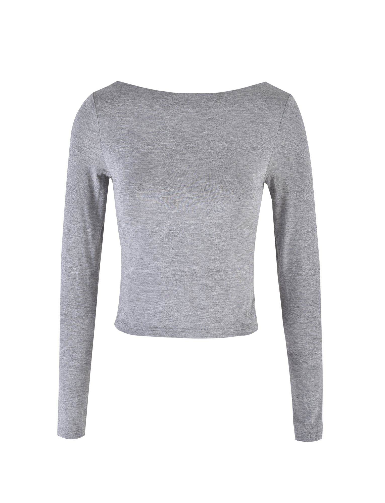A fitted women's top with long sleeves and a boat neckline, in light grey, from TIGERMIST's Quinnell collection is shown against a white background.