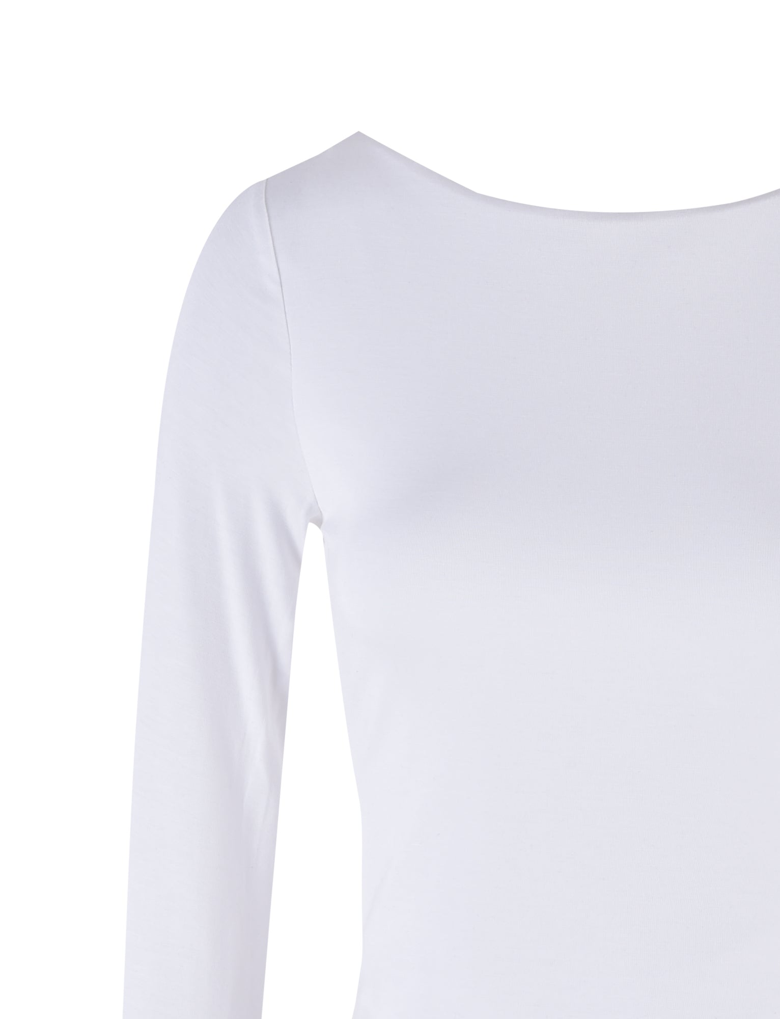 A close-up image of the Quinnell Top - White by TIGERMIST, featuring a round neckline. The fabric appears smooth and slightly fitted. Only the upper portion of the shirt and part of the right sleeve are visible against a plain white background.