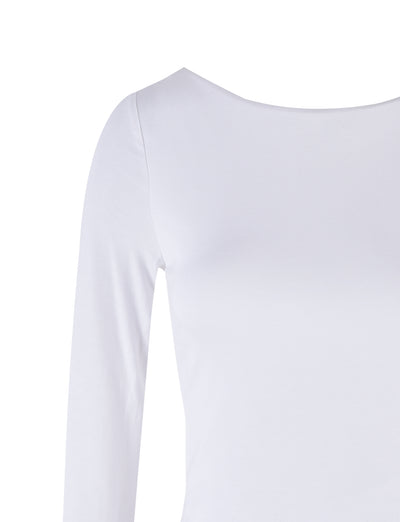 A close-up image of the Quinnell Top - White by TIGERMIST, featuring a round neckline. The fabric appears smooth and slightly fitted. Only the upper portion of the shirt and part of the right sleeve are visible against a plain white background.