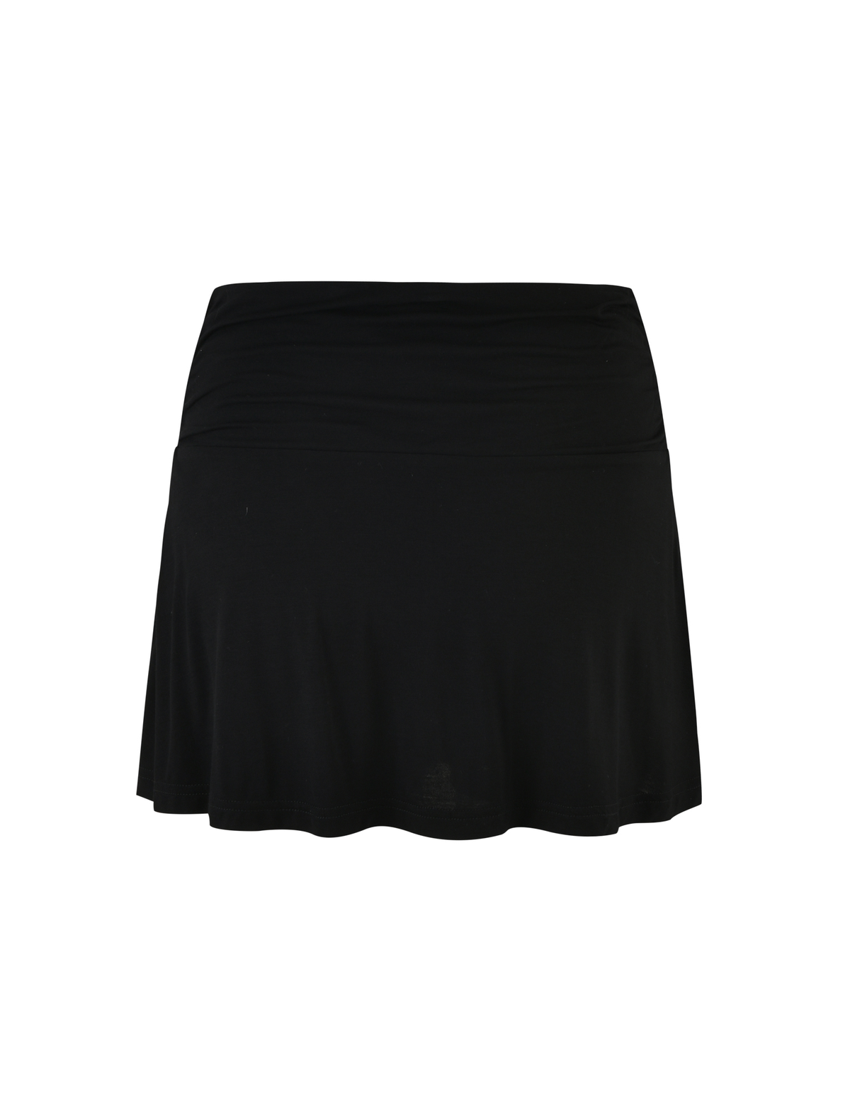 The VERITY SKORT - BLACK by TIGERMIST is a knee-length, plain black skort with a wide waistband and slightly flared hem, crafted from soft jersey and shown against a white background.
