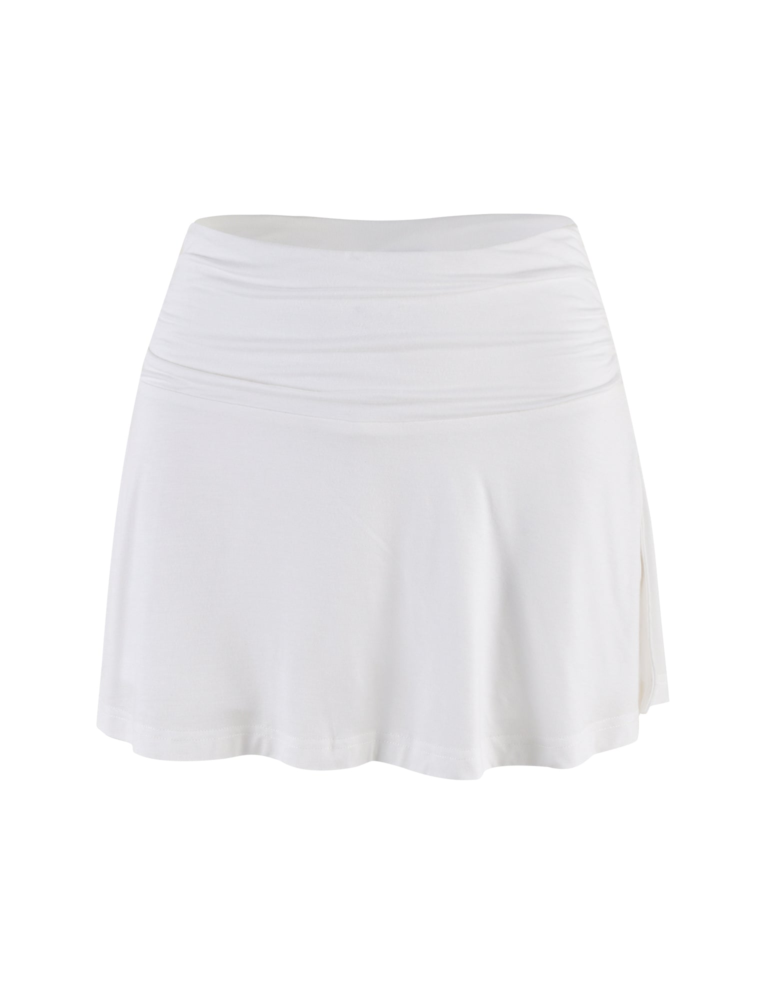 The VERITY SKORT - WHITE by TIGERMIST is a plain white, high-waisted A-line mini skort with a slightly flared hem, blending classic style with a sleek bodycon silhouette and displayed against a white background.