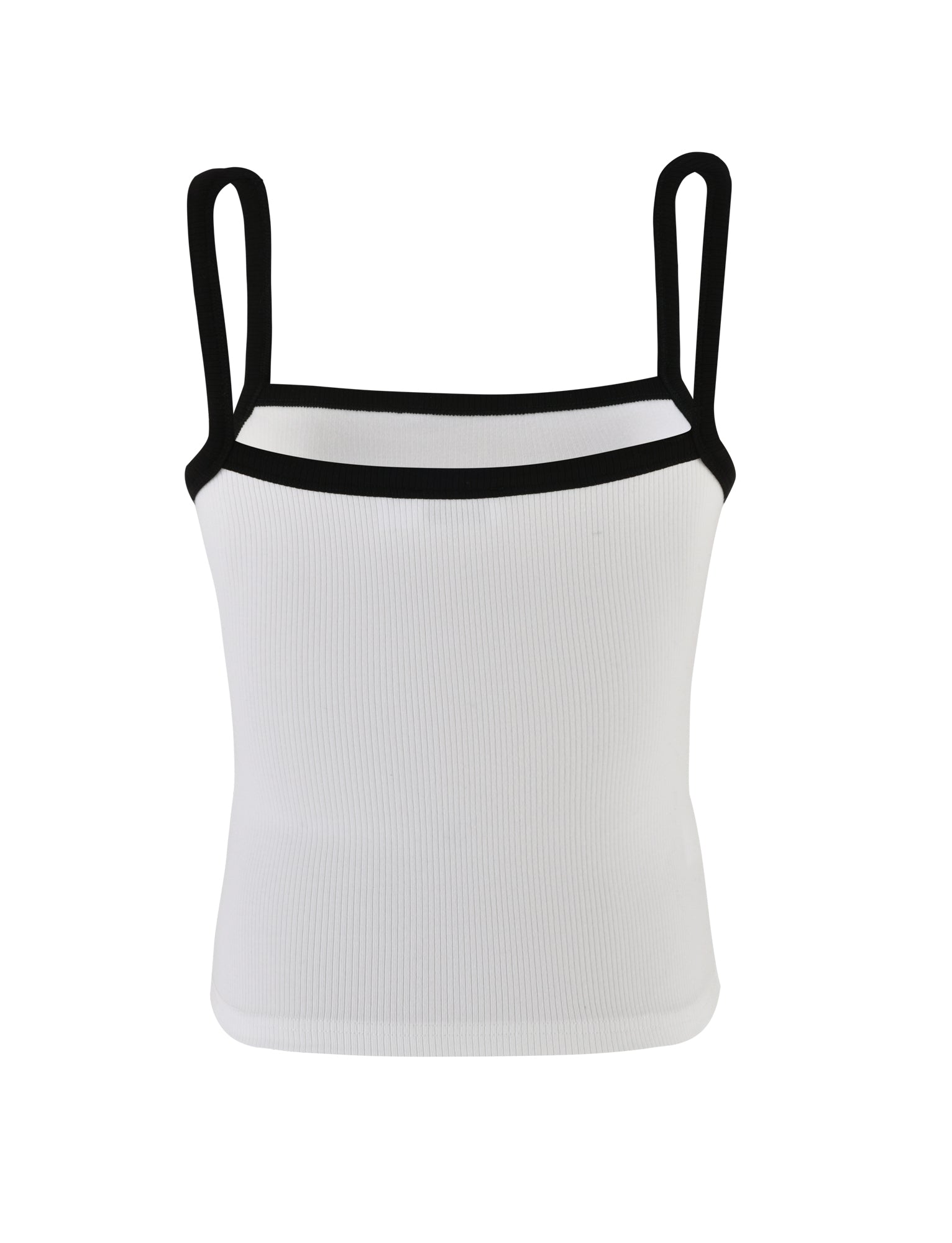 The NIXIE TOP - WHITE : OFF WHITE by TIGERMIST is a white ribbed tank top featuring black straps and black trim along the neckline and armholes. This top is sleeveless, form-fitting, and designed for a casual look.