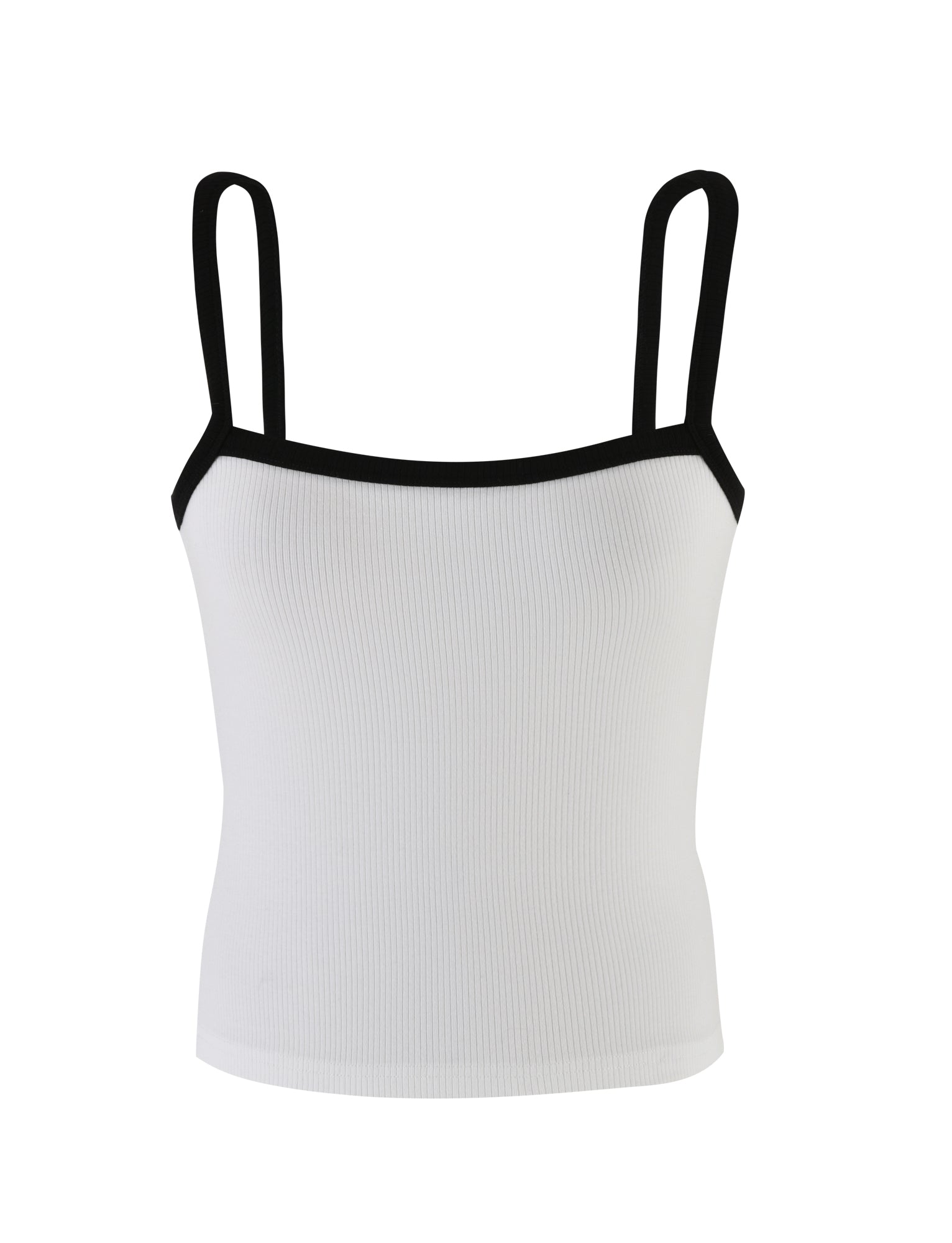 The NIXIE TOP - WHITE from TIGERMIST is a white sleeveless tank top featuring black straps and black edging along the neckline.