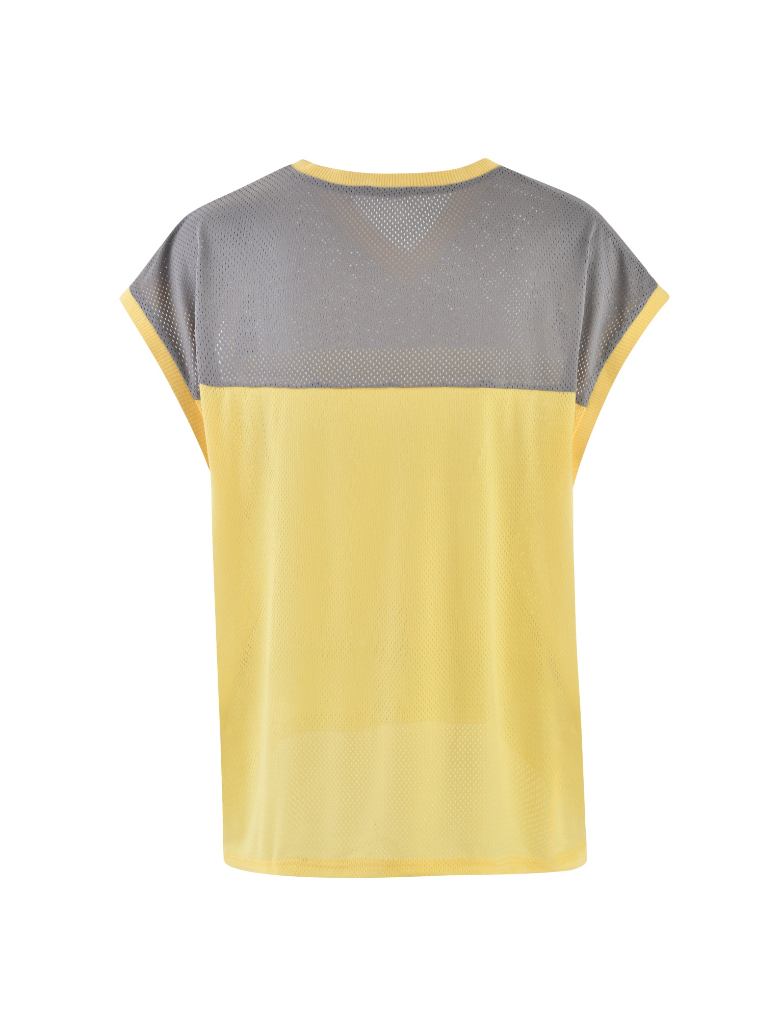 The ZENITH TANK - YELLOW by TIGERMIST is a stylish sleeveless top featuring a pale yellow bottom and a gray mesh upper. It boasts a loose fit, crafted from breathable, lightweight material. The back design extends into a V-shape at the neck where the gray mesh meets the pale yellow fabric.