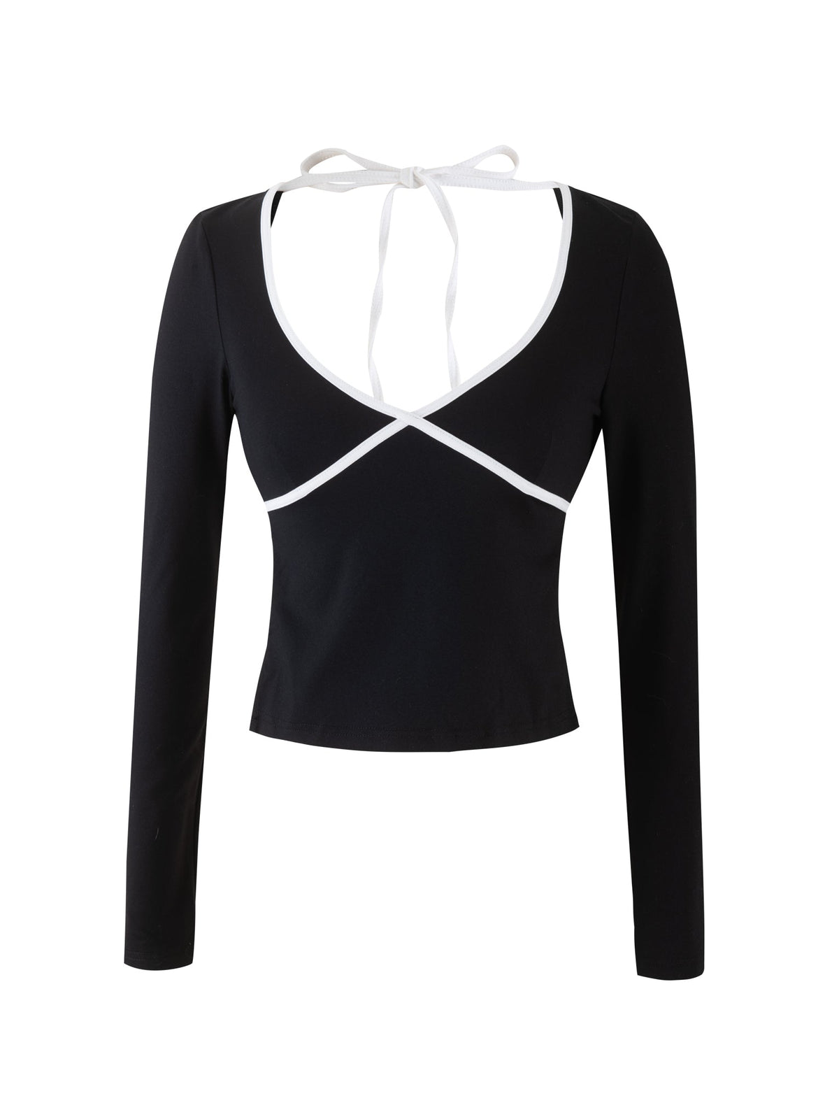 Introducing the ELESSAR TOP - BLACK by TIGERMIST: a stylish black long-sleeve crop top featuring a deep V-neckline and white crisscross trim. This top boasts a unique open-back design with white ties at the neck for closure. Made from soft, stretchy fabric, it promises a form-fitting silhouette perfect for a modern, chic look.