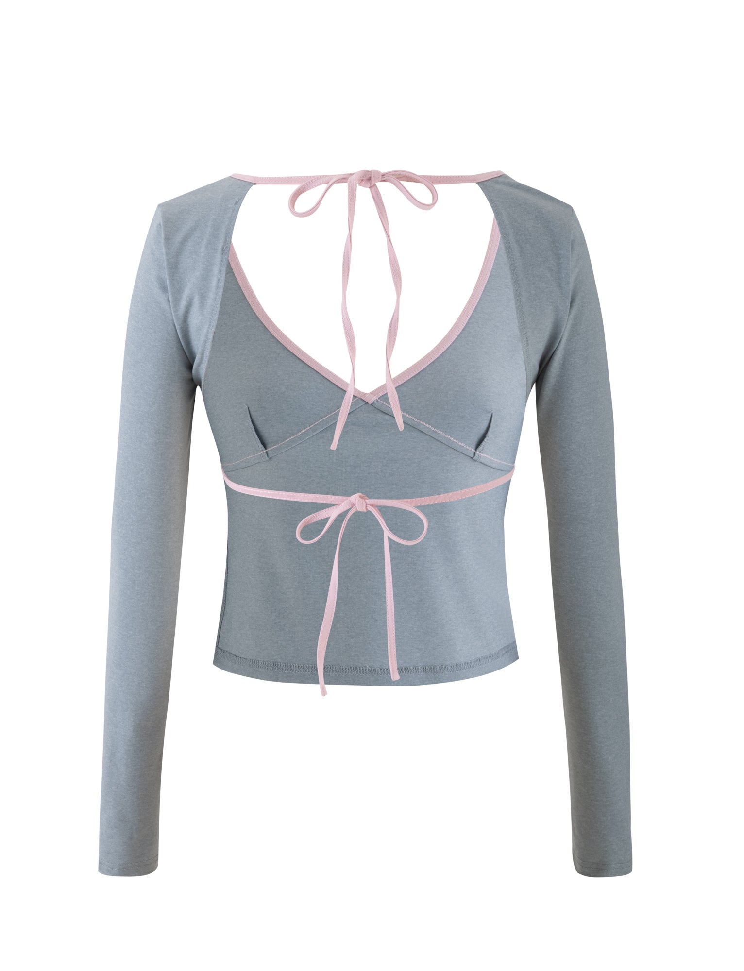The ELESSAR TOP - GREY : GREY MARLE from TIGERMIST is displayed. This stylish, long-sleeved crop top features a light gray fabric with pale pink trim, a deep V-neckline, a cutout back accentuated by crisscross ties, and additional mid-back ties. The design exudes both modernity and elegance.