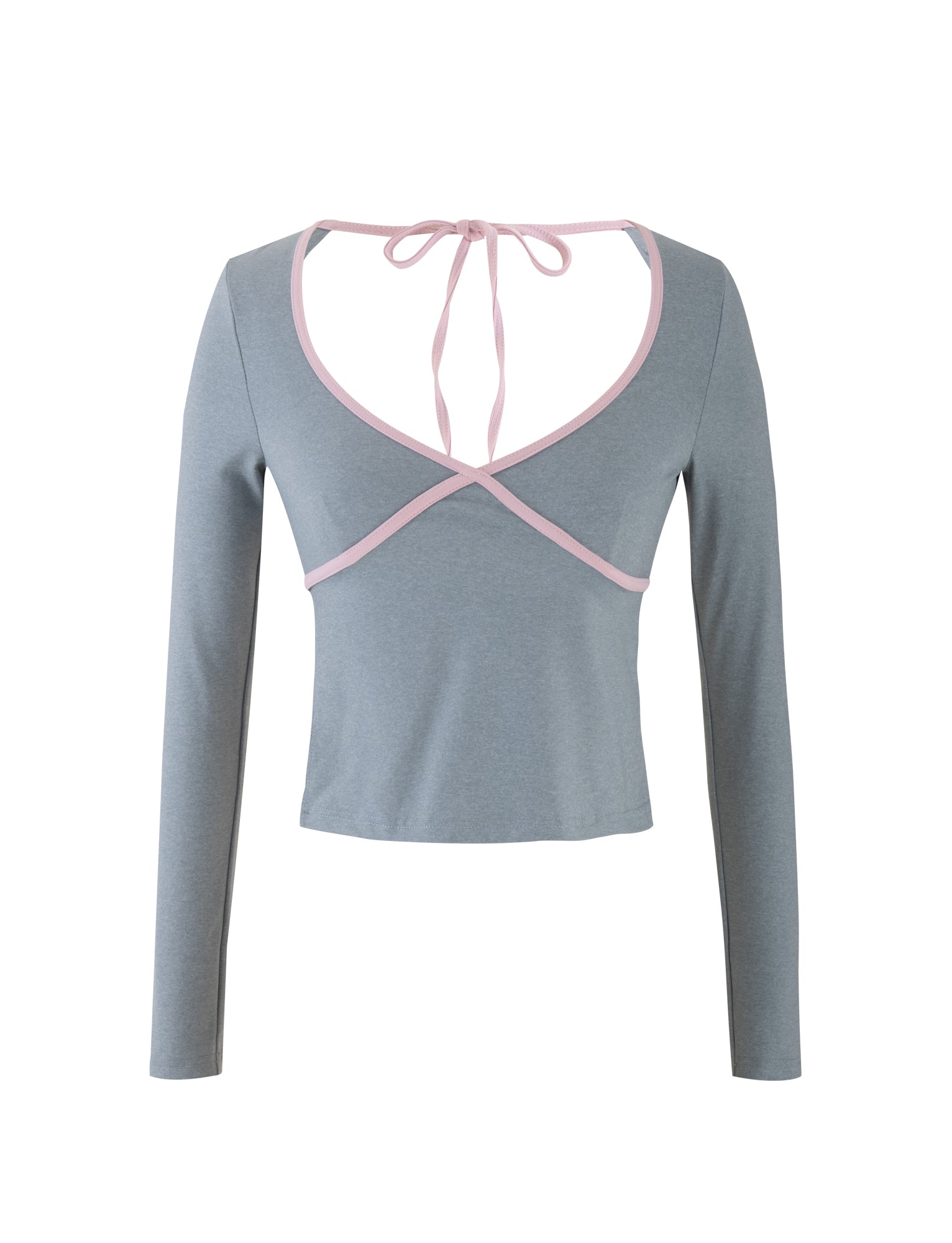 The ELESSAR TOP - GREY : GREY MARLE from TIGERMIST is a long-sleeved, light gray crop top with a deep V-neckline trimmed in pale pink. It also features an open back design with crisscrossed straps that tie at the back of the neck.