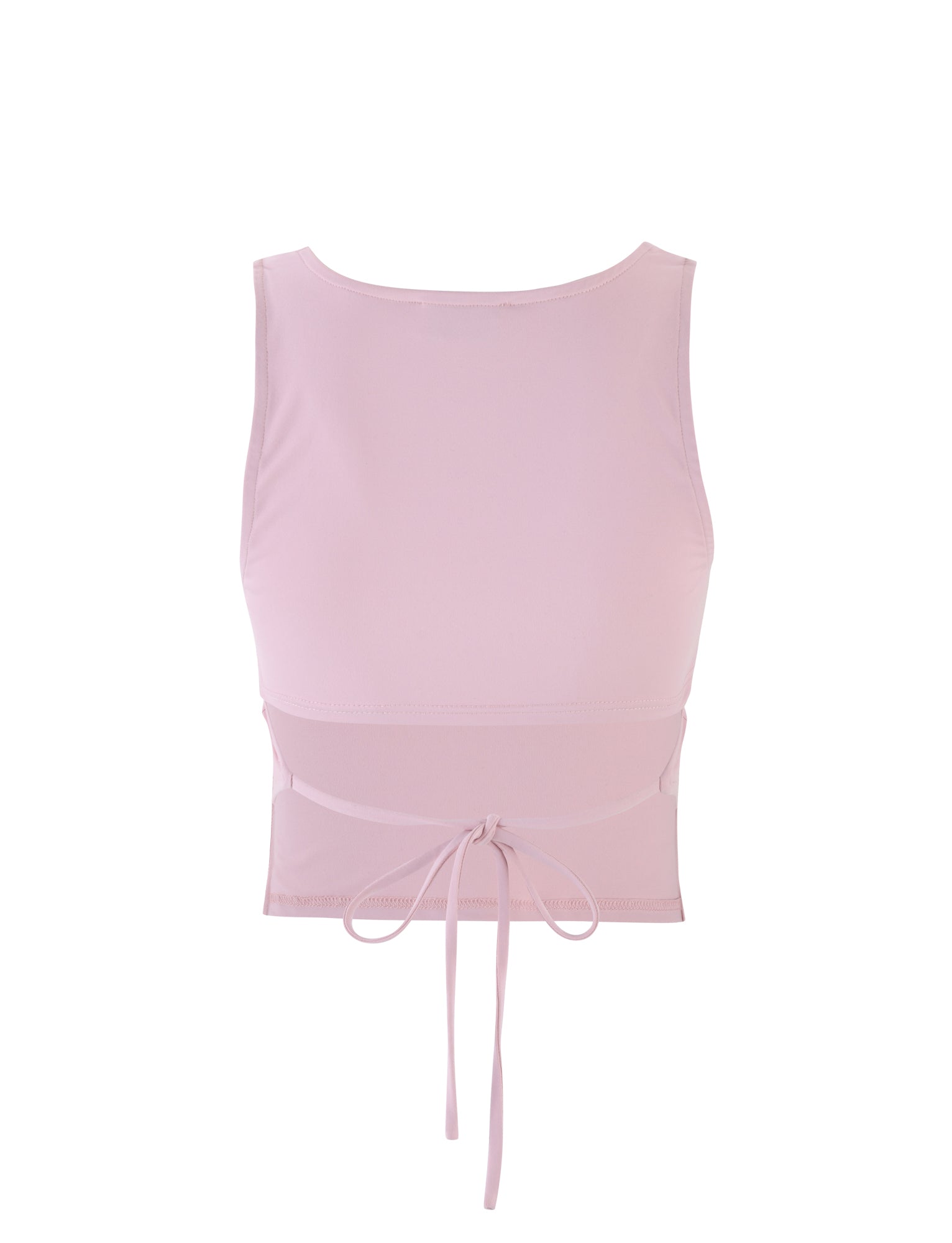 The LERO TOP - PINK from TIGERMIST is a sleeveless, light pink crop top that features a round neckline. The back showcases a keyhole cutout with two long ties hanging down from the bottom hem, providing a stylish and adjustable fit. The fabric is smooth and stretchy, ensuring comfort.
