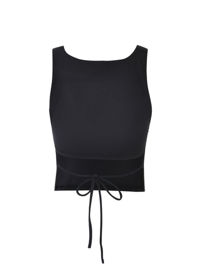The LERO TOP - BLACK by TIGERMIST is a chic, sleeveless crop top featuring a fitted design and round neckline. It includes a fabric tie at the waist for an adjustable fit and is made from smooth, slightly stretchy material, ensuring both comfort and style. Displayed against a plain white background.