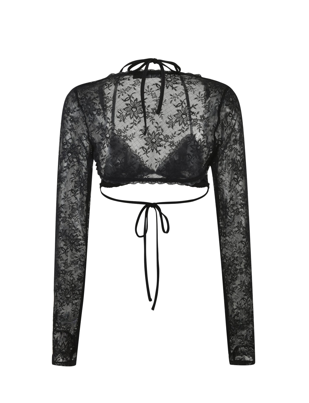 Introducing the TIGERMIST KRAVEN TWO PIECE TOP in black lace, showcasing a stunning floral design. This long-sleeve crop top features a high neckline with a halter tie and an additional back tie closure. The delicate lace fabric provides a see-through look, highlighting its intricate patterns.