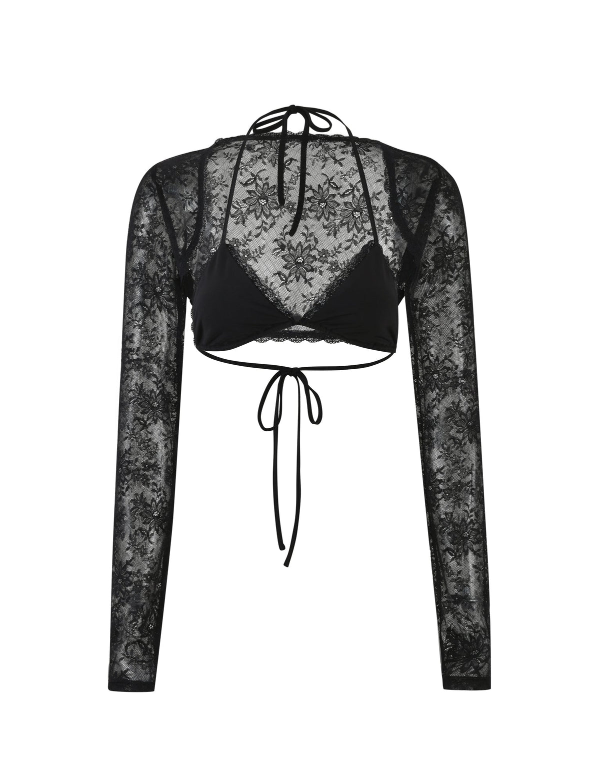 The KRAVEN TWO PIECE TOP - BLACK : LACE from TIGERMIST is a black lace long-sleeve crop top featuring a tie neck and tie back. The lace showcases a floral pattern with a V-shaped cutout in the front, making it perfect for layering or wearing on its own.