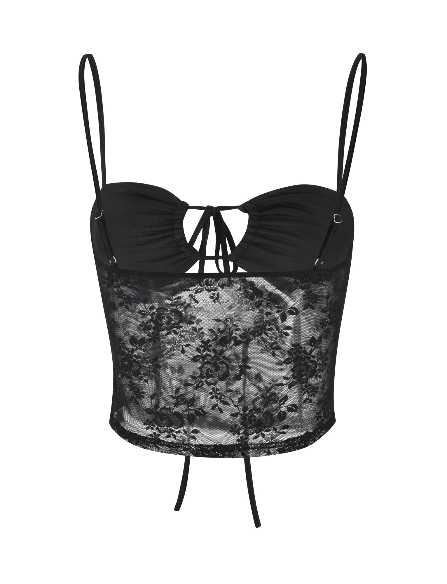 The TOBIAS TOP - BLACK by TIGERMIST is a black lace camisole with spaghetti straps. This top features a sweetheart neckline with a small tie at the center and a sheer, floral lace bodice extending to the waist. The back is not visible.