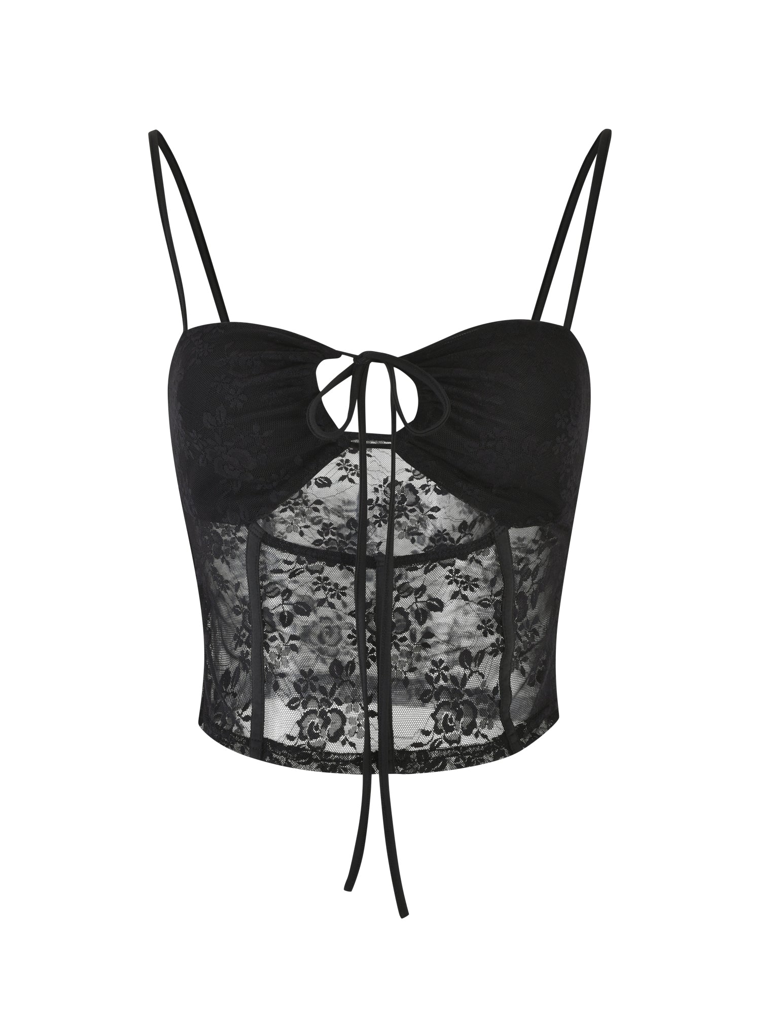 Introducing the TOBIAS TOP in black by TIGERMIST—a delicate black lace bralette featuring thin straps, a keyhole front tied with a small bow, and sheer floral lace fabric. This feminine piece boasts an intricate floral pattern for an elegant and sophisticated look.